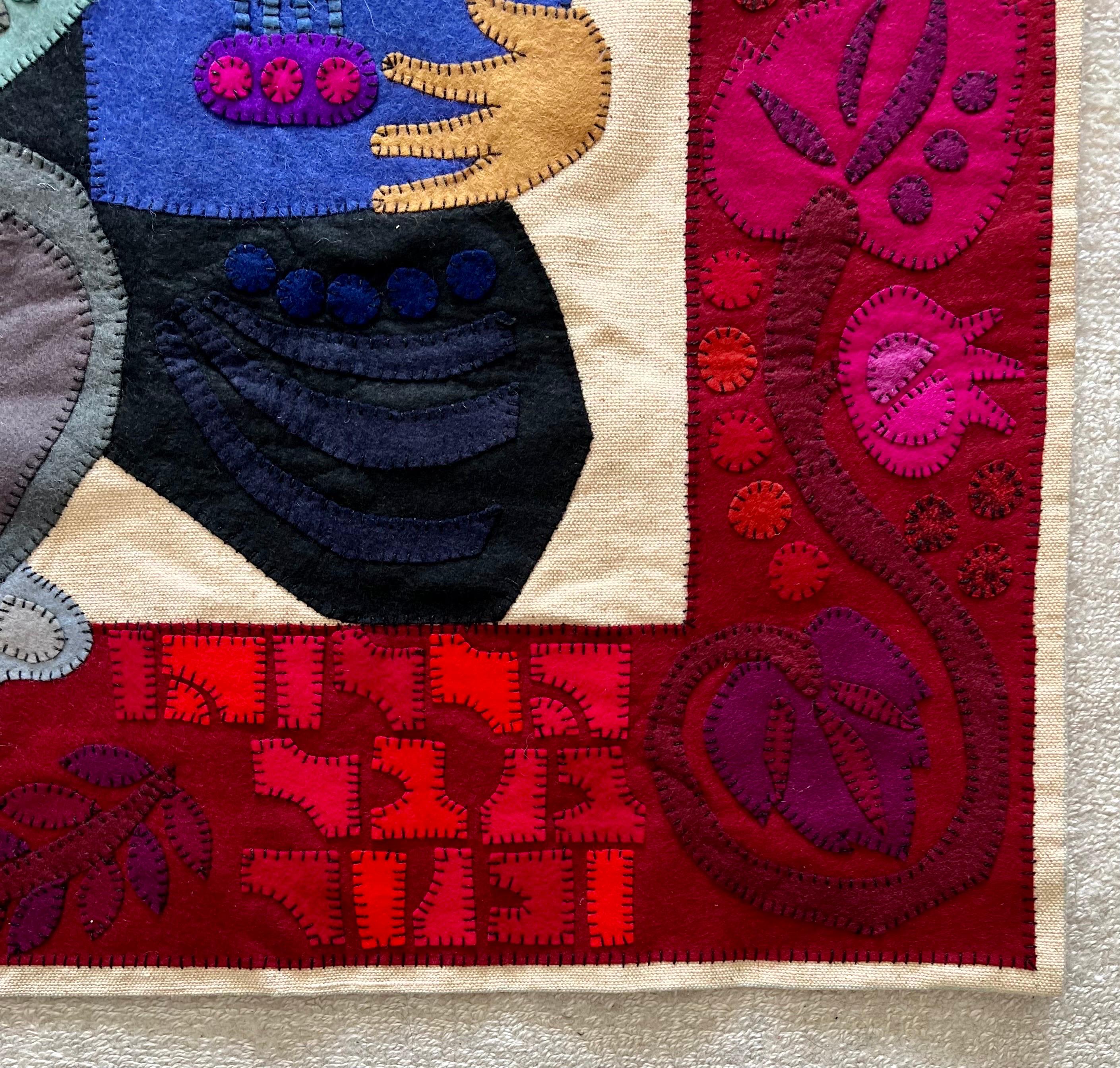Wool Felt Applique Israeli Folk Art Signed Tapestry Kopel Gurwin Bezalel School For Sale 8