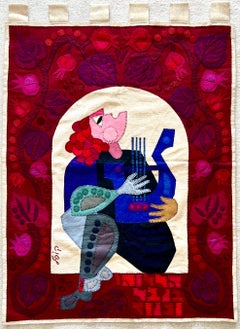 Vintage Wool Felt Applique Israeli Folk Art Signed Tapestry Kopel Gurwin Bezalel School