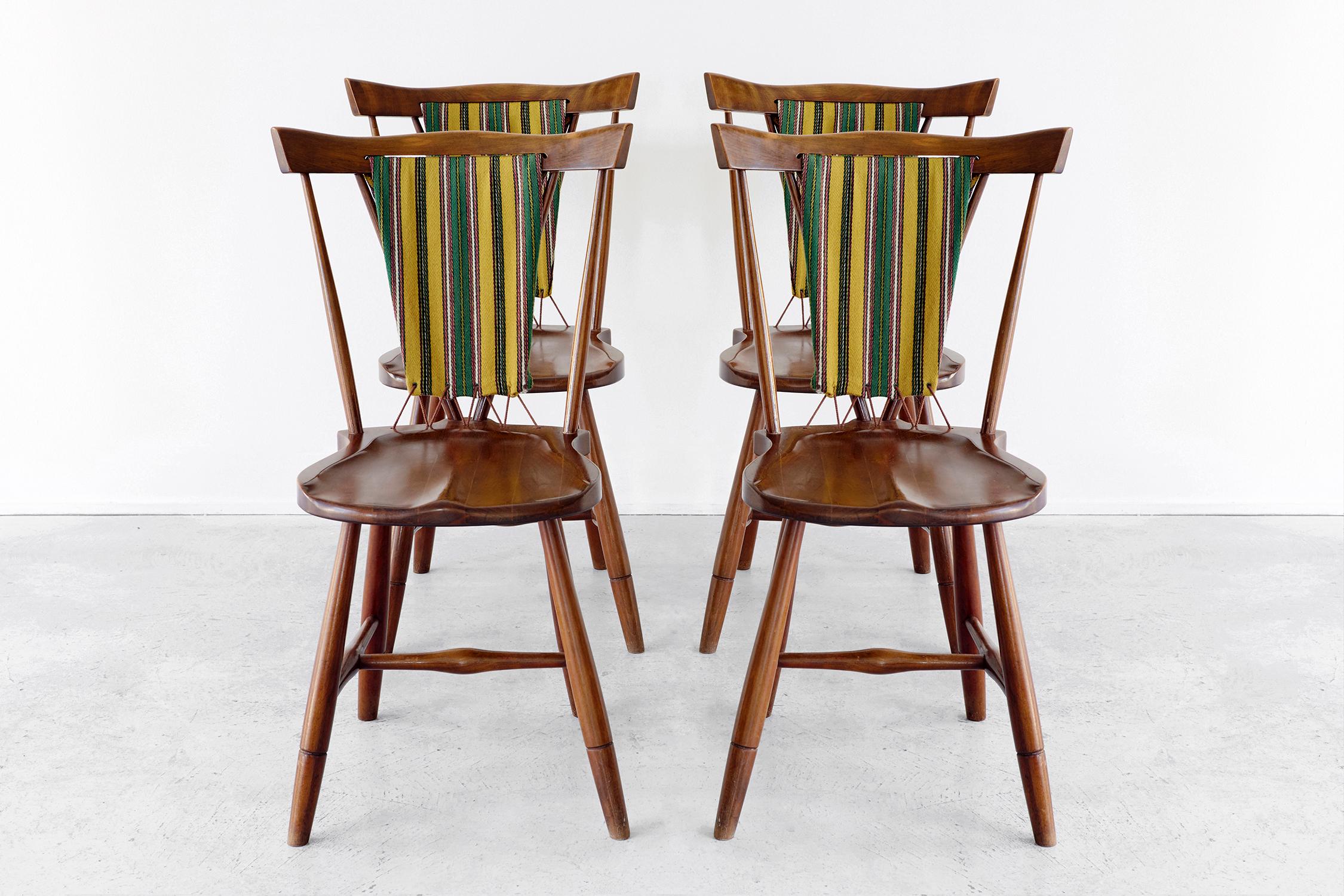 Rare set of Danish Eva & Niles Koppel for Slagelse Mobelvaerk chairs, circa 1947. Original upholstery and cord mix with carved beechwood. Good original condition.
