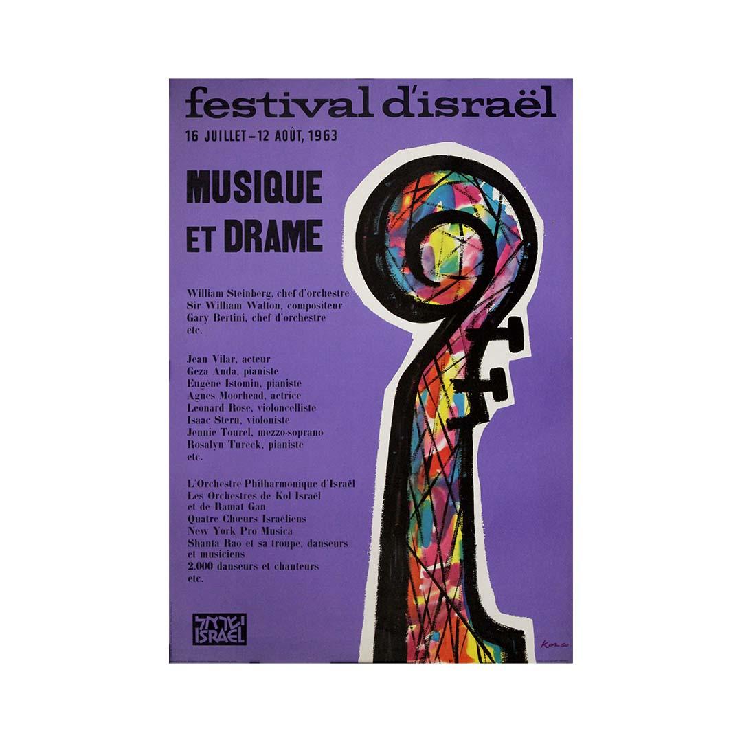 Dieses von Kor entworfene Originalplakat aus dem Jahr 1963 erinnert an das Festival d'Israël - Musique et Drame, das vom 16. Juli bis 12. August 1963 stattfand. Die Veranstaltung brachte eine beeindruckende Reihe weltbekannter Künstler zusammen,