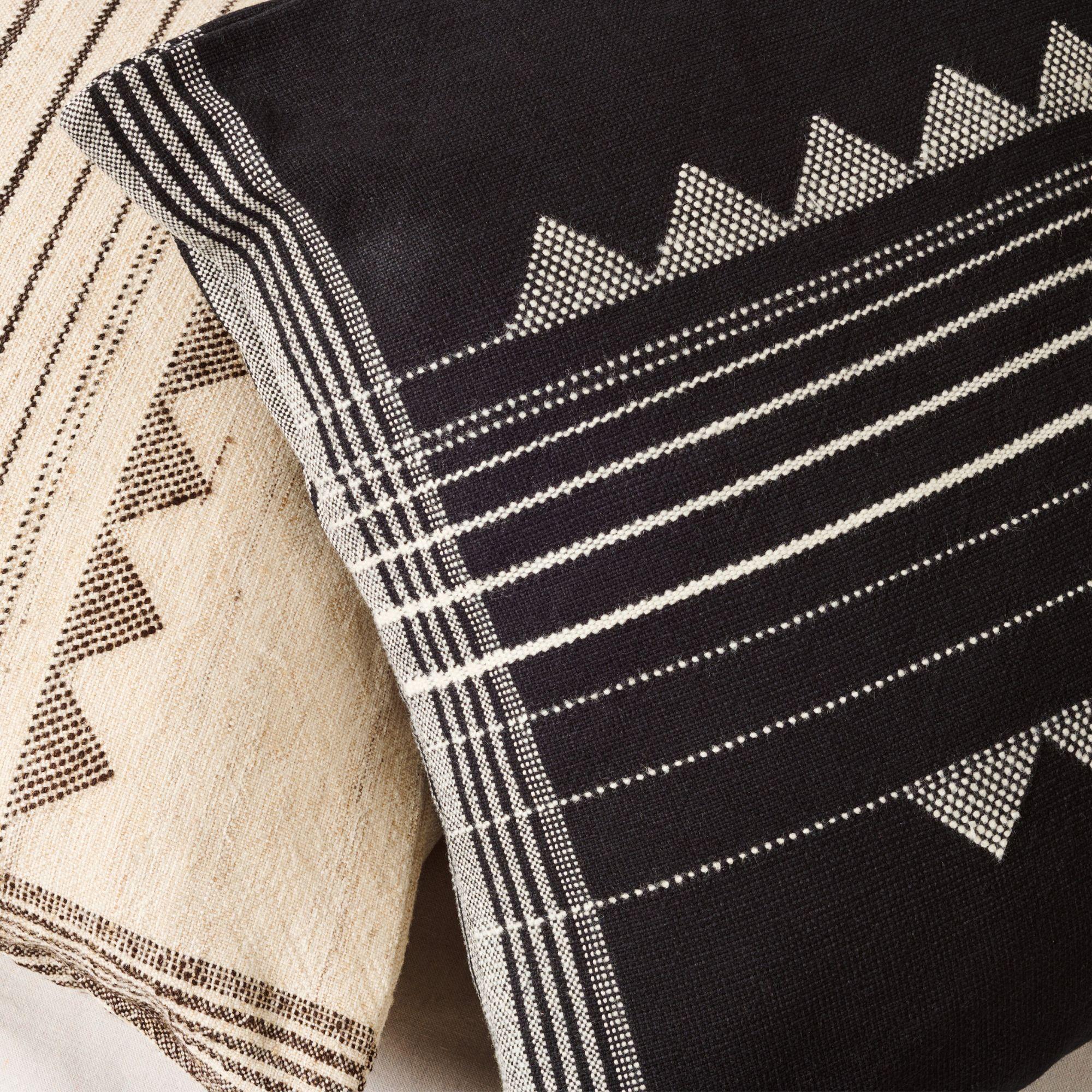 Modern Kora Black in Silk Wool Cotton Blend, Black & White Handwoven Large Pillow For Sale