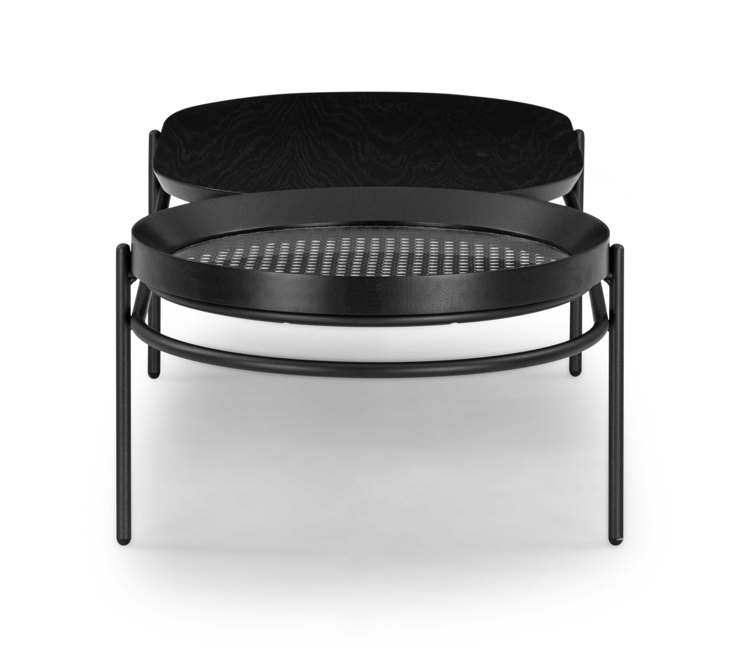 Brasiliano Tavolino da caffè in canna intrecciata a mano e finitura in Oak Oak nero con base in metallo, Linea Kora in vendita