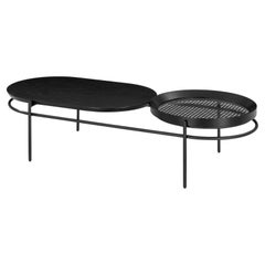 Black Oak Finish and Hand-Woven Cane Coffee Table with Metal Base, Kora Line
