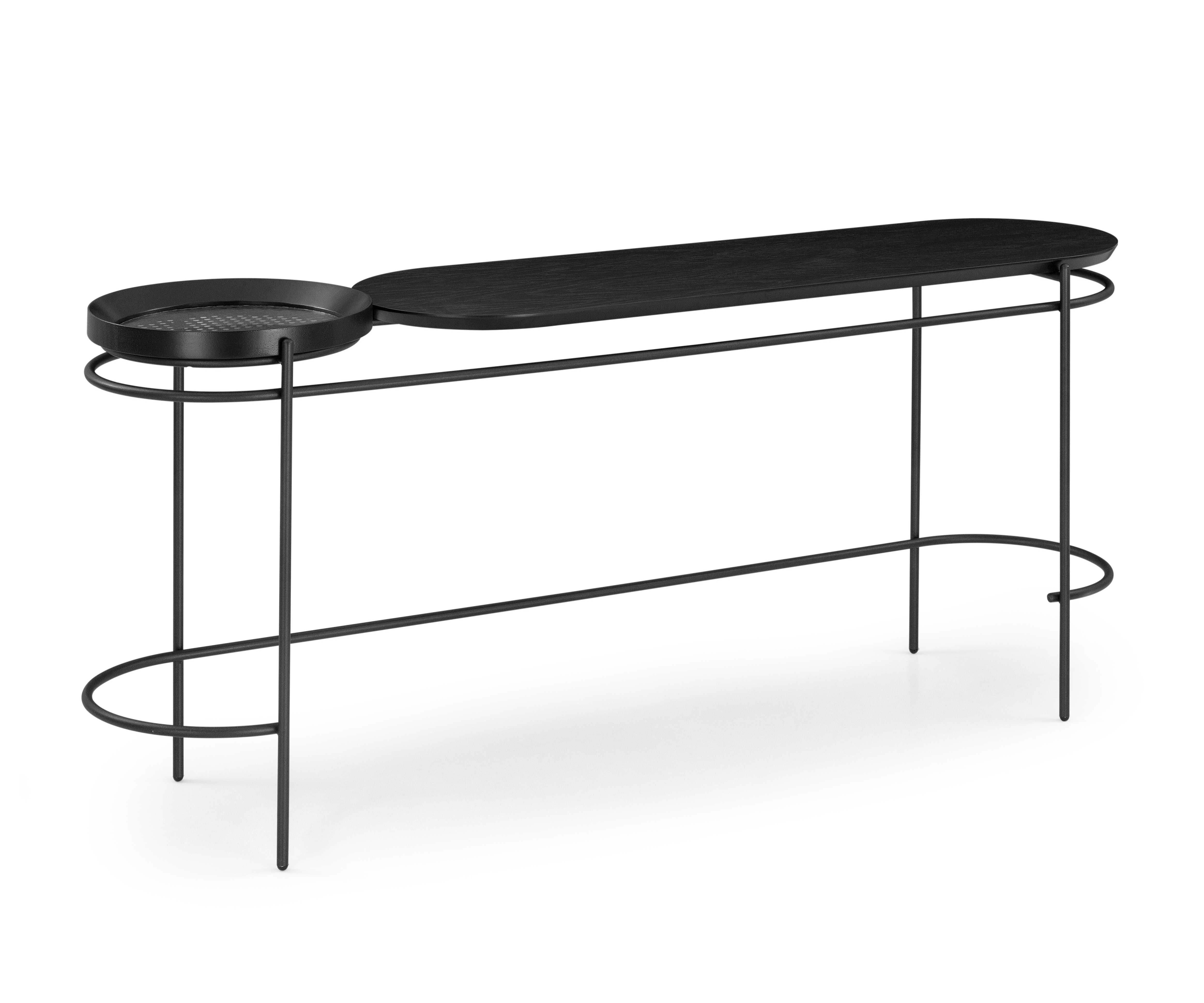 A Kora black oak console table with black cane and metal base. Introducing the Kora console table, a masterful fusion of modern design and sustainable craftsmanship. Designed by Sérgio Batista for Uultis, this striking signed piece features a sleek