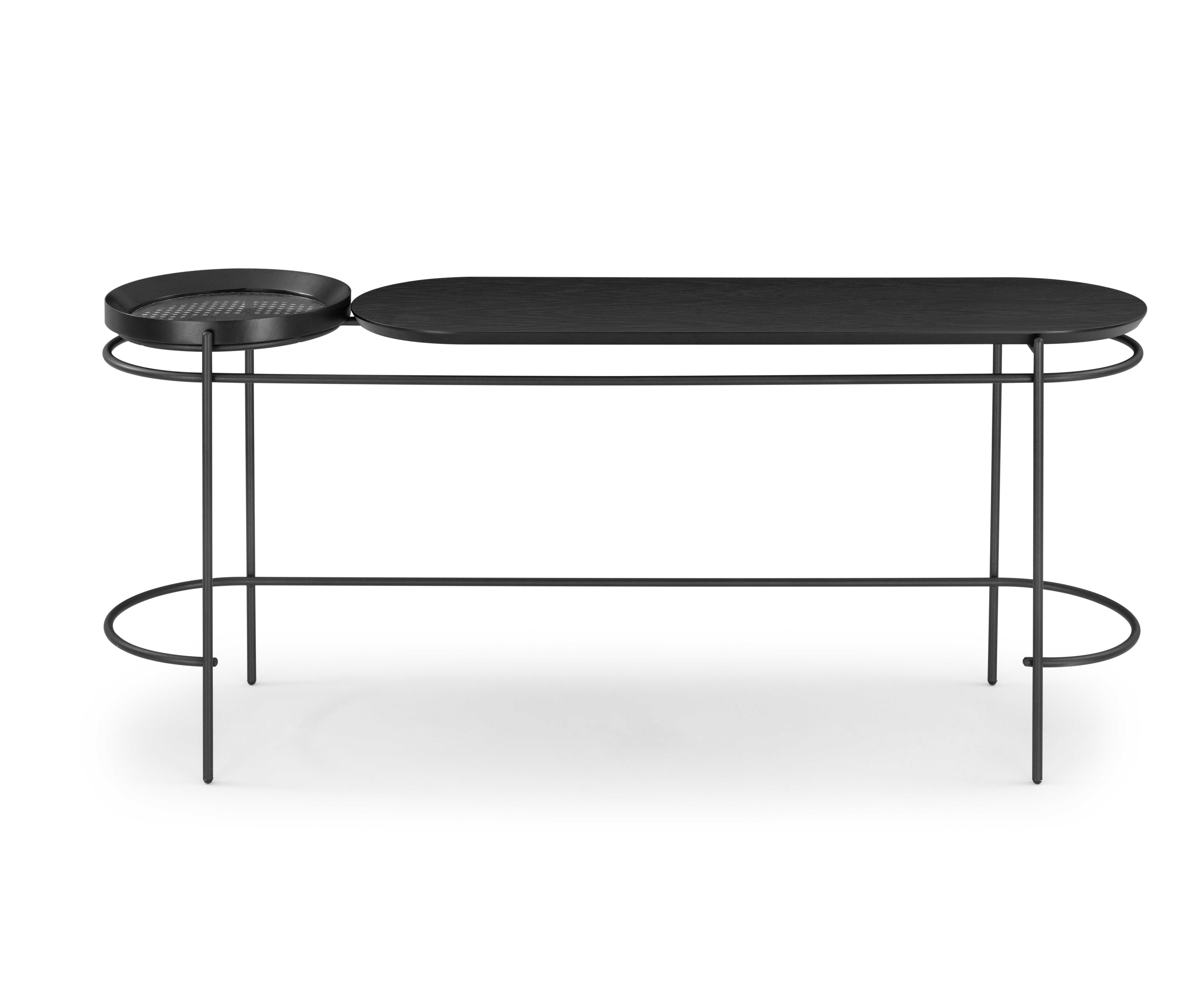 Modern Black Oak Finish and Hand-Woven Cane Console Table with Metal Base, Kora Line For Sale