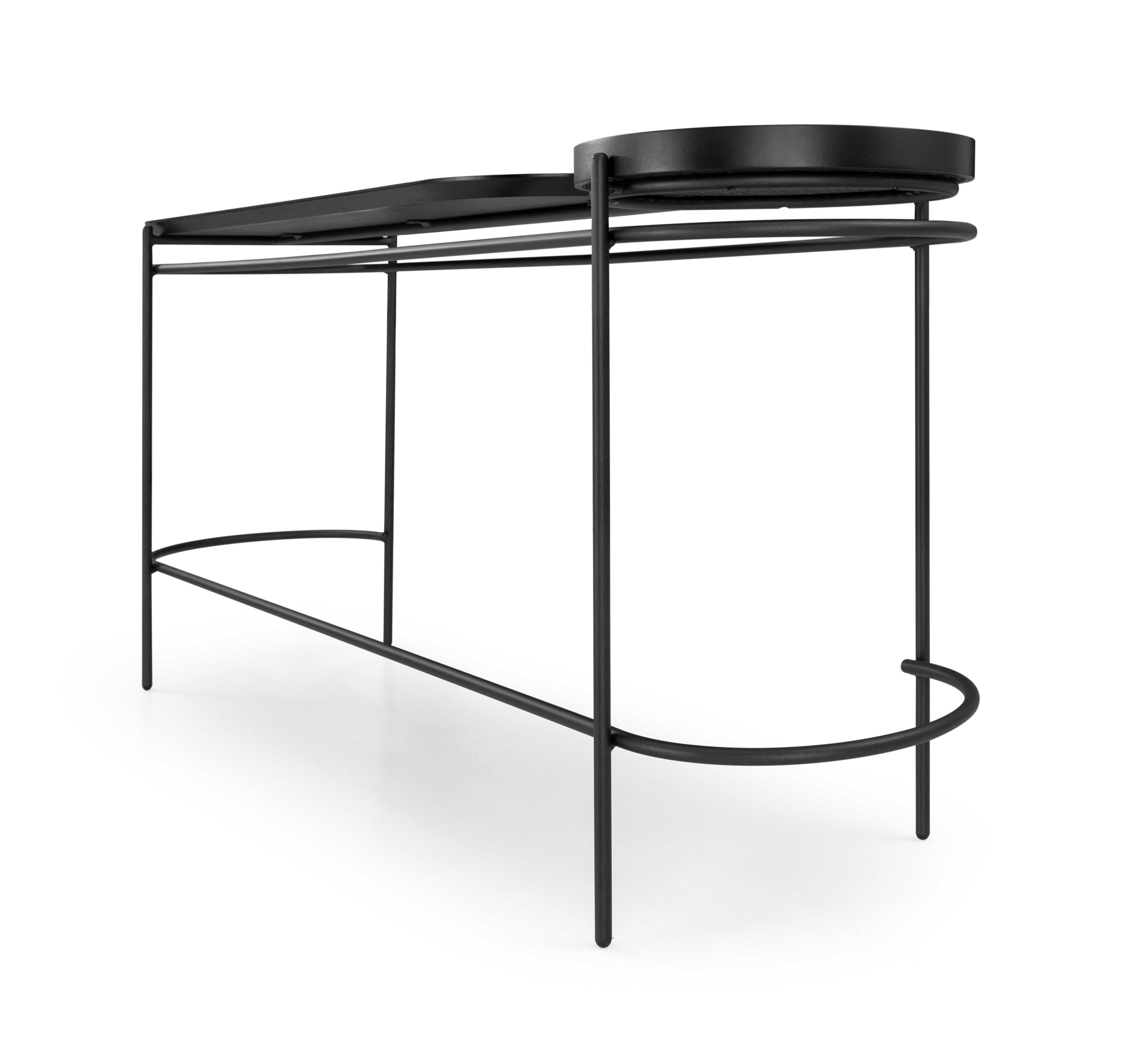 Brazilian Black Oak Finish and Hand-Woven Cane Console Table with Metal Base, Kora Line For Sale