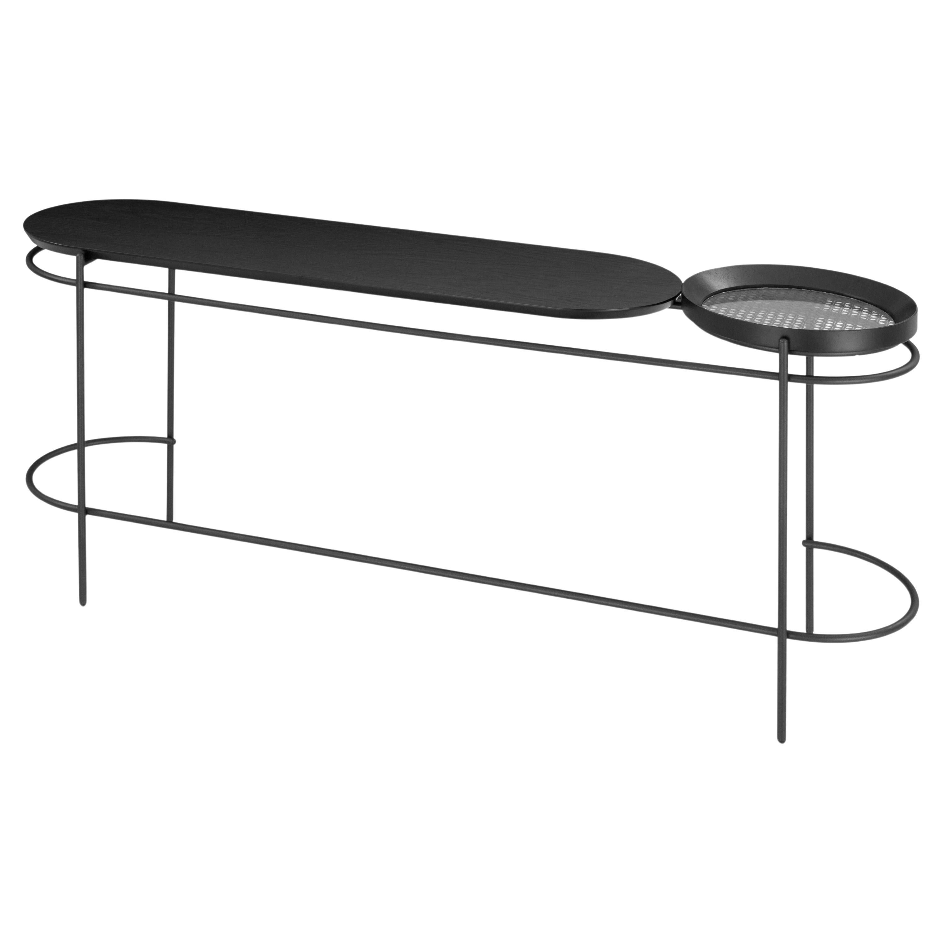 Black Oak Finish and Hand-Woven Cane Console Table with Metal Base, Kora Line