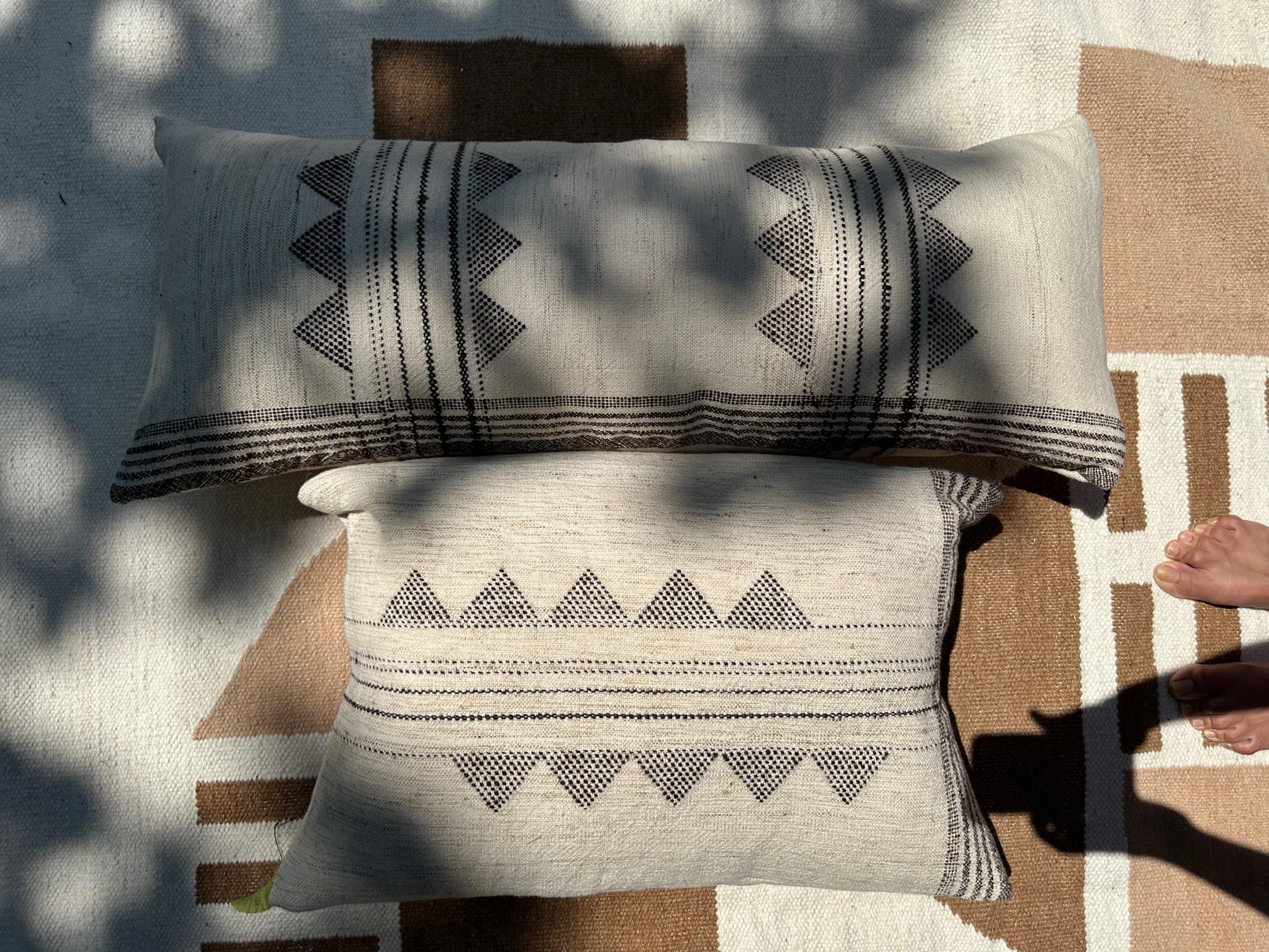 Indian Kora Large Lumbar Pillow,   Undyed & Handwoven In Silk Wool Cotton Blend For Sale