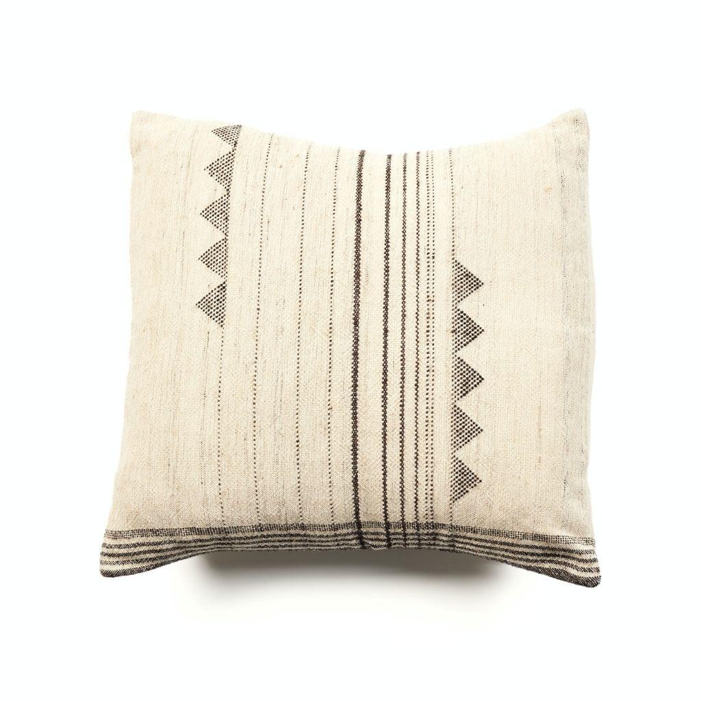 Modern Kora Silk Wool Cotton Blend Black & White Handwoven Large Pillow For Sale