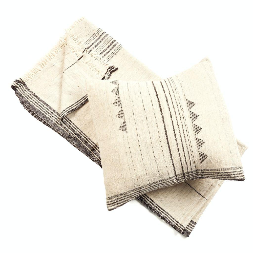 Indian Kora Silk Wool Cotton Blend Black & White Handwoven Large Pillow For Sale