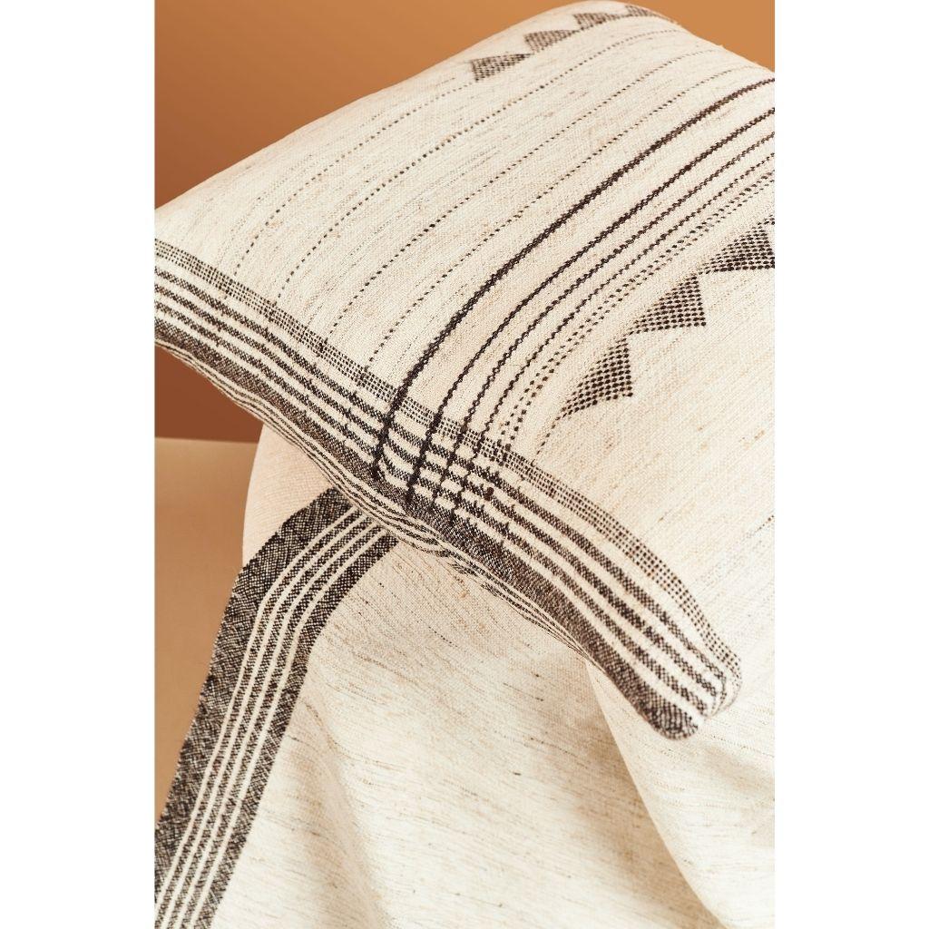 Hand-Woven Kora Silk Wool Cotton Blend Black & White Handwoven Large Pillow For Sale
