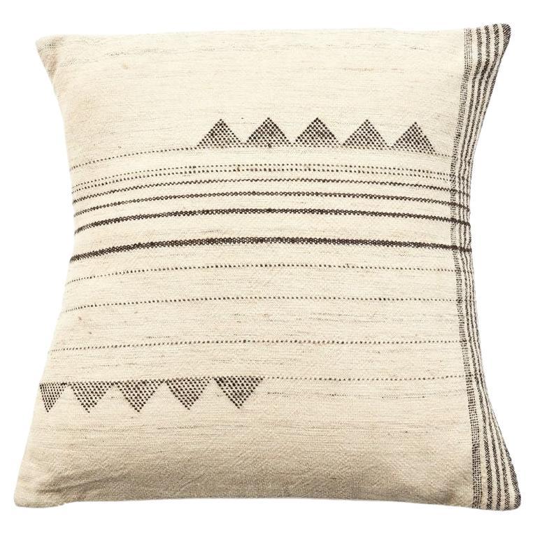 Kora Silk Wool Cotton Blend Black & White Handwoven Large Pillow For Sale