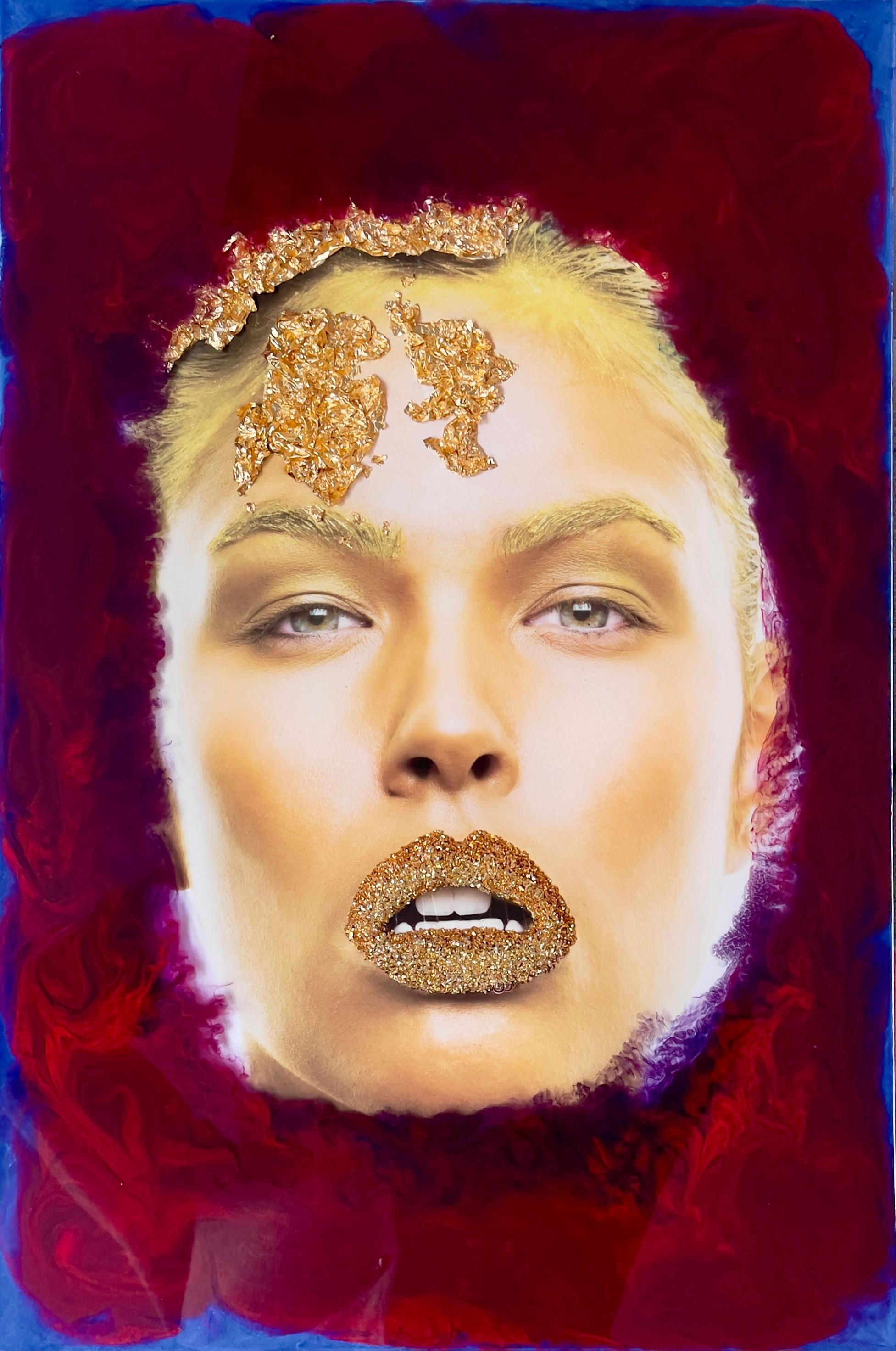 Gold Kiss 3D.  Mixed media portrait - Contemporary Mixed Media Art by Koray Erkaya