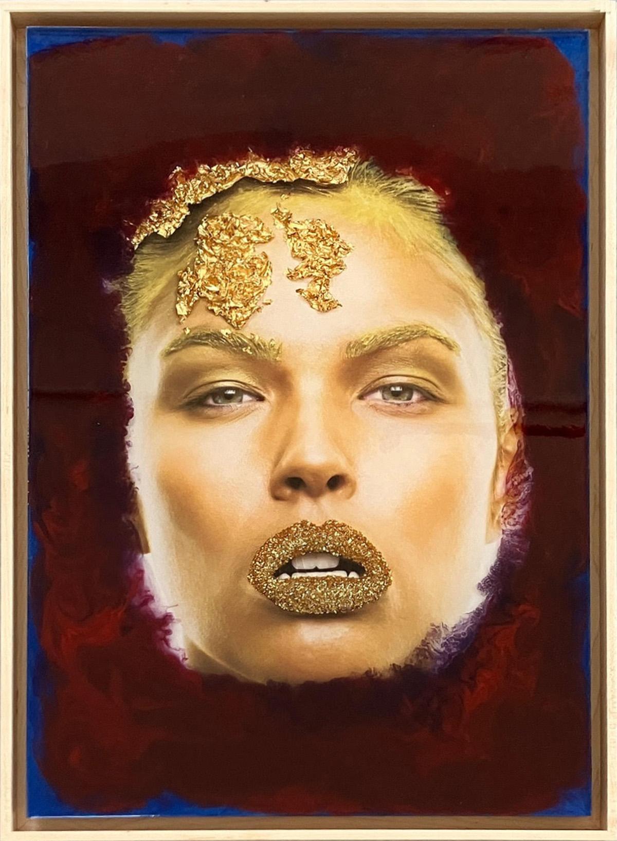 Goldkuss 3D.  Mixed-Media-Porträt – Mixed Media Art von Koray Erkaya