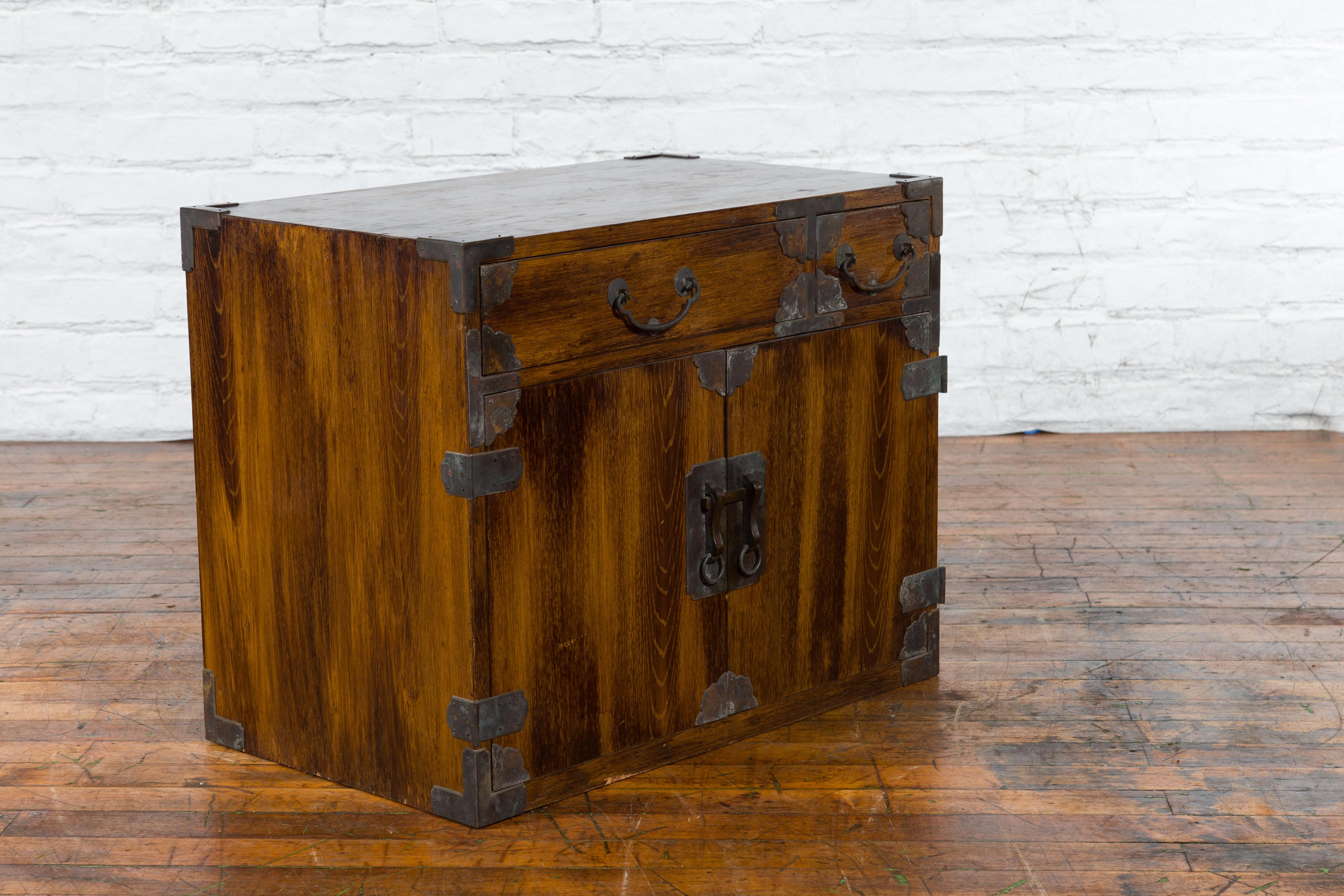 Korean 19th Century Brown Wood Side Cabinet with Black Iron Hardware In Good Condition For Sale In Yonkers, NY