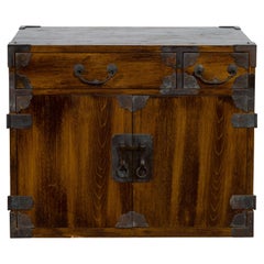 Korean 19th Century Brown Wood Side Cabinet with Black Iron Hardware