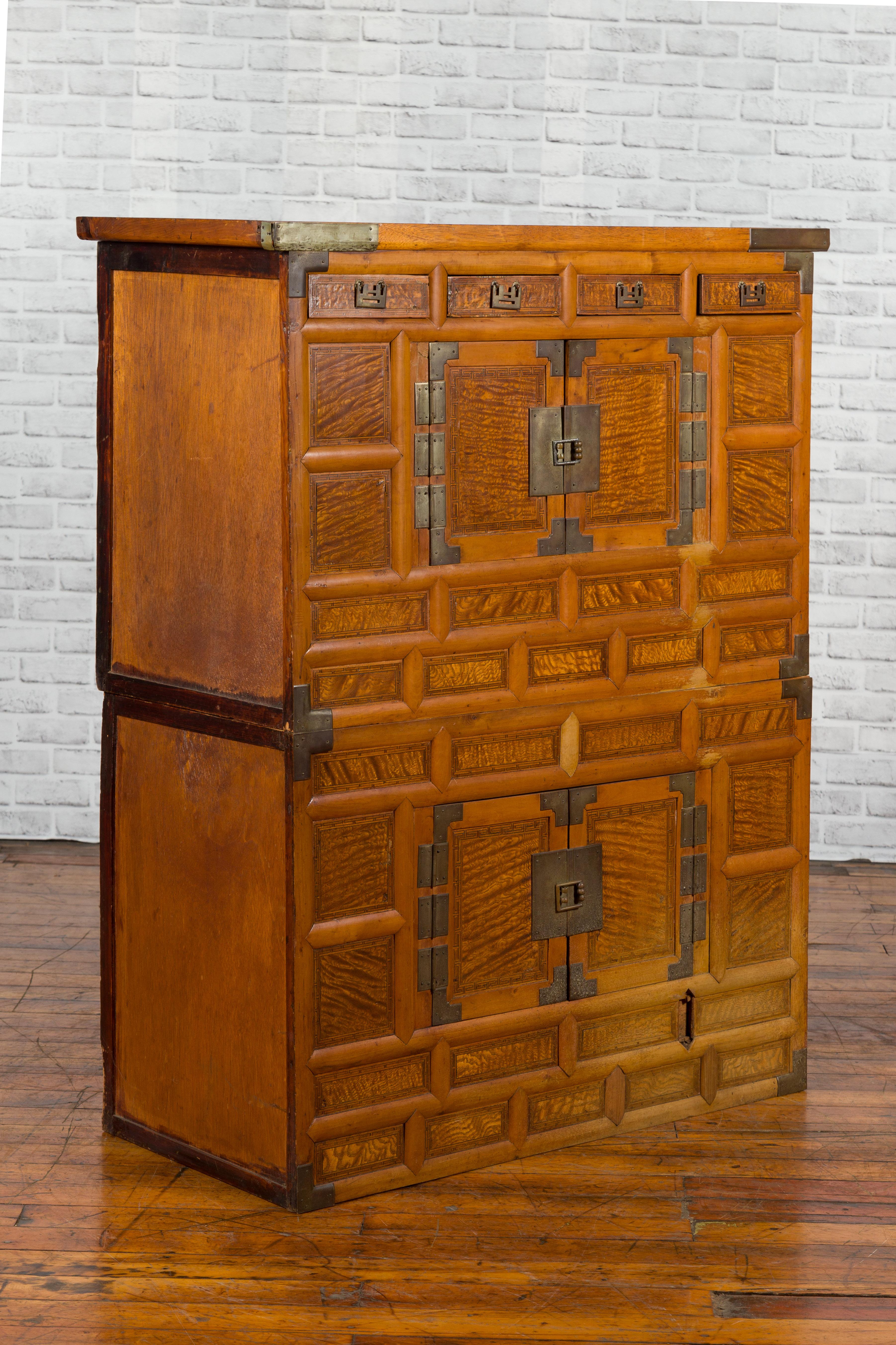 Korean 19th Century Burl Wood and Brass Two-Part Cabinet with Doors and Drawers 5