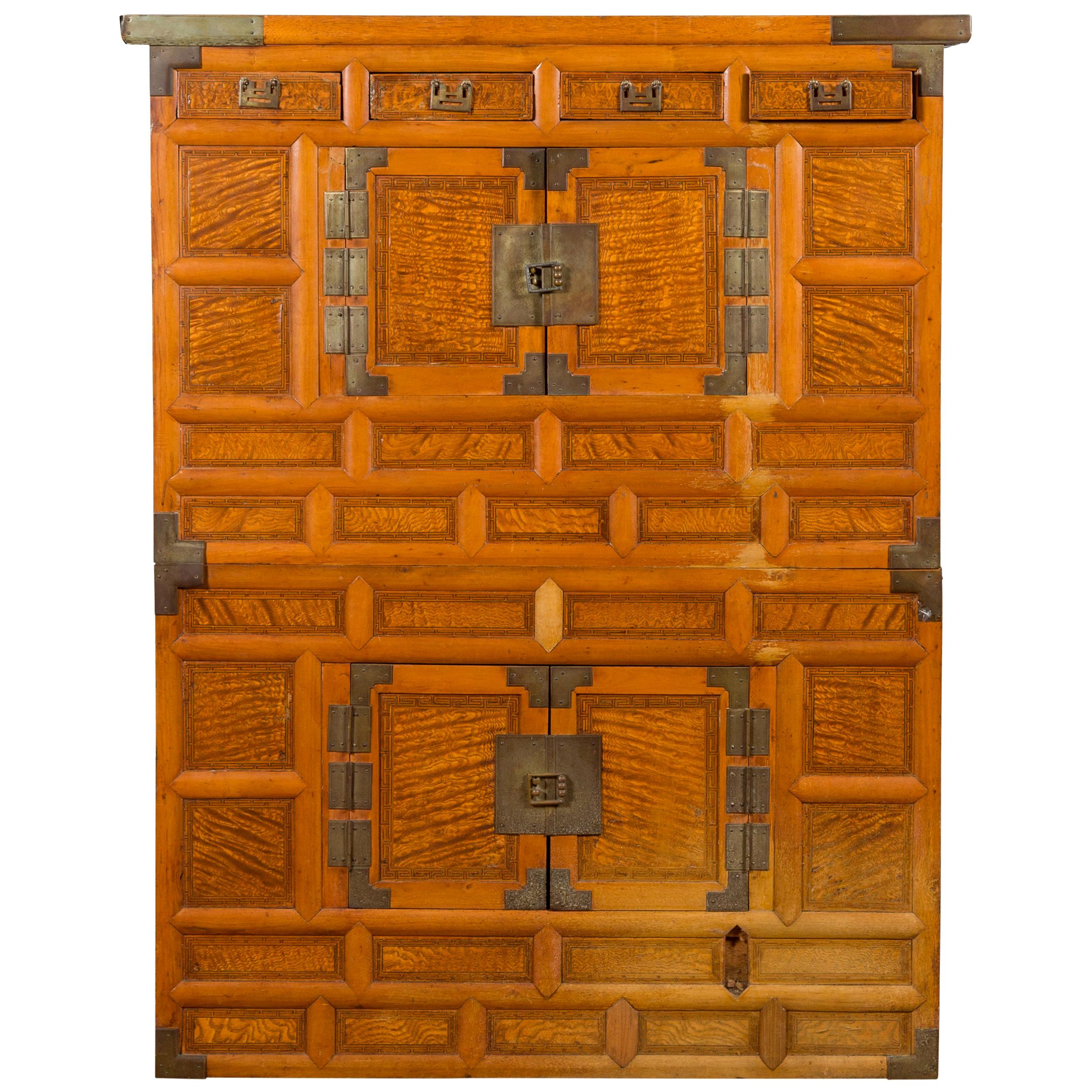 Korean 19th Century Burl Wood and Brass Two-Part Cabinet with Doors and Drawers