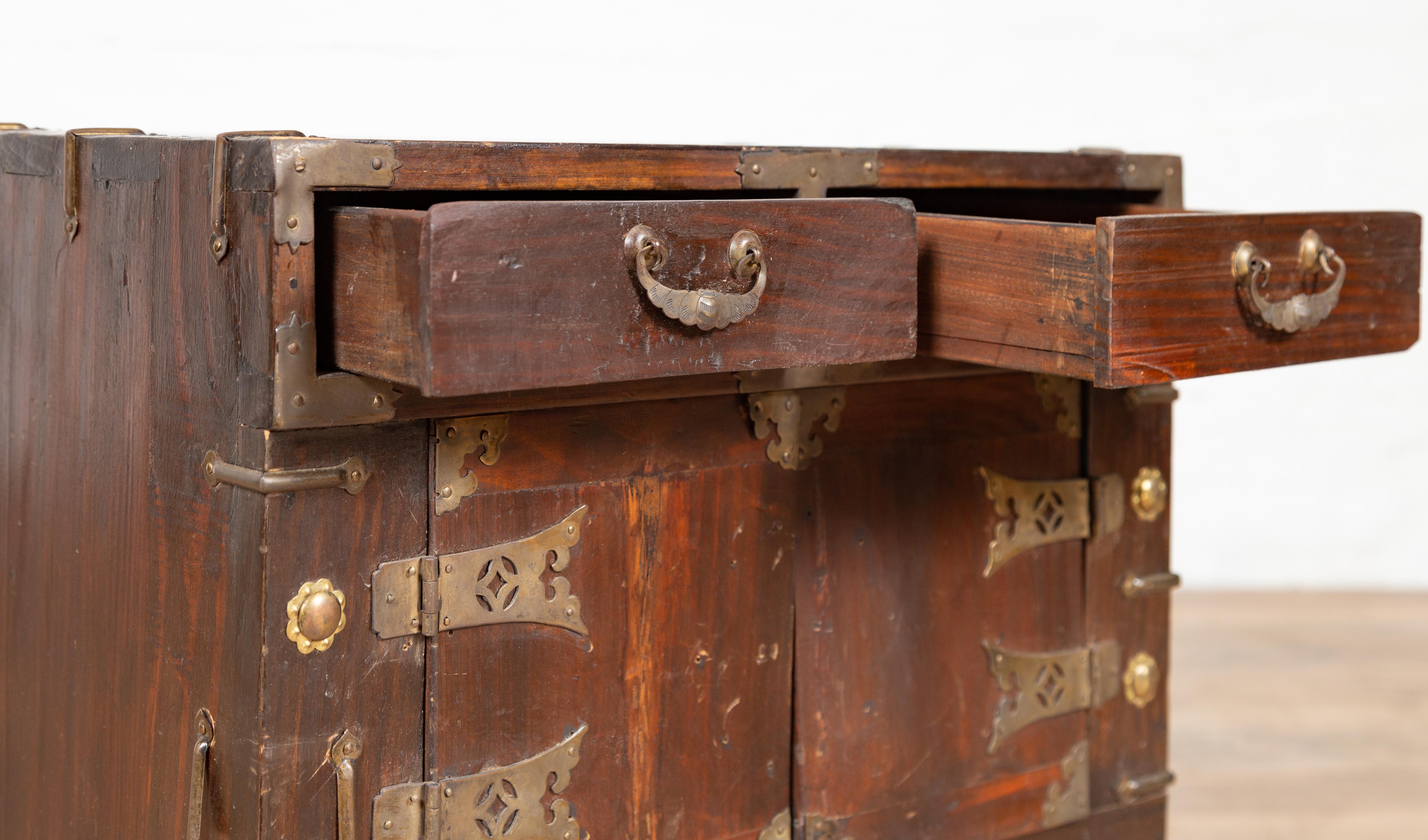 Vintage Korean Side Chest with Brushed Brass Hardware, Drawers and Doors 4