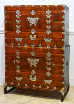 Korean 19th Century Two Part Elm Tansu Wedding Cabinet with Butterfly Mounts