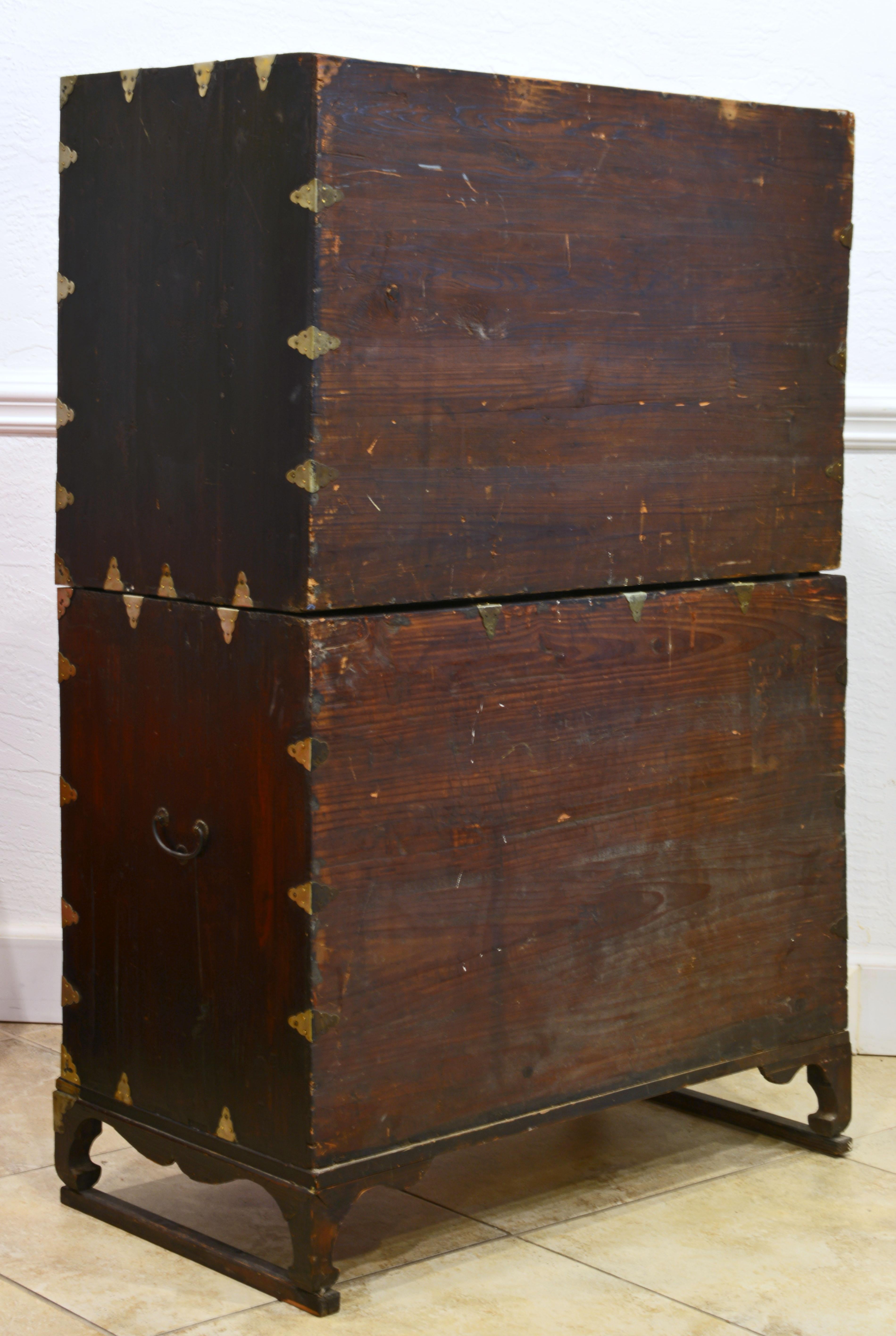 Campaign Korean 19th Century Two Part Elm Tansu Wedding Cabinet with Butterfly Mounts