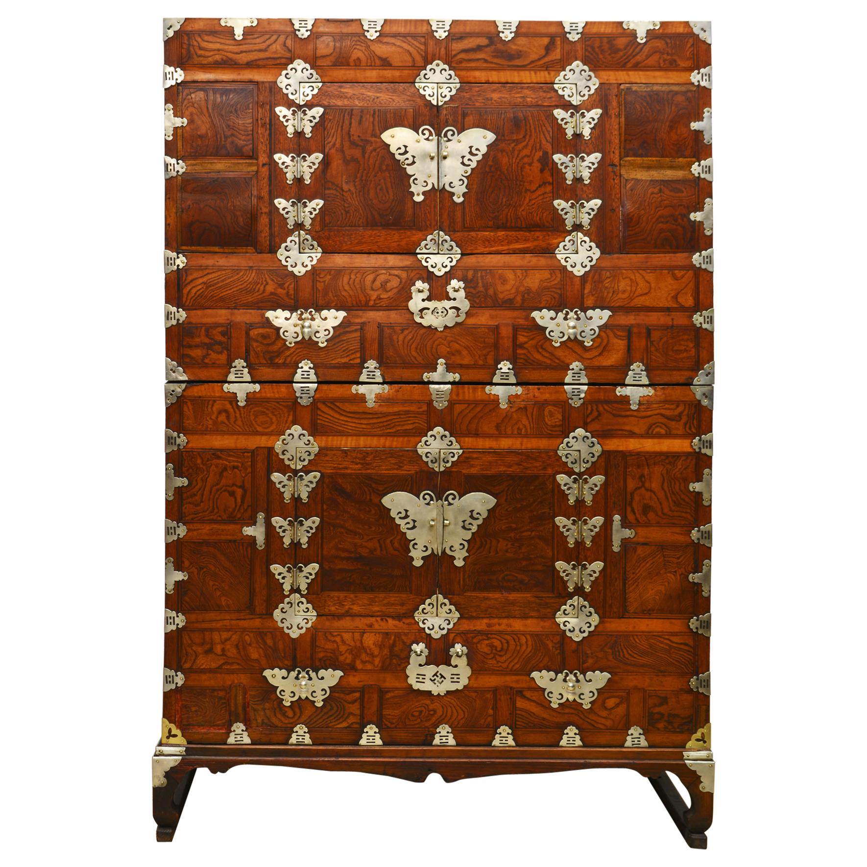 Korean 19th Century Two Part Elm Tansu Wedding Cabinet with Butterfly Mounts