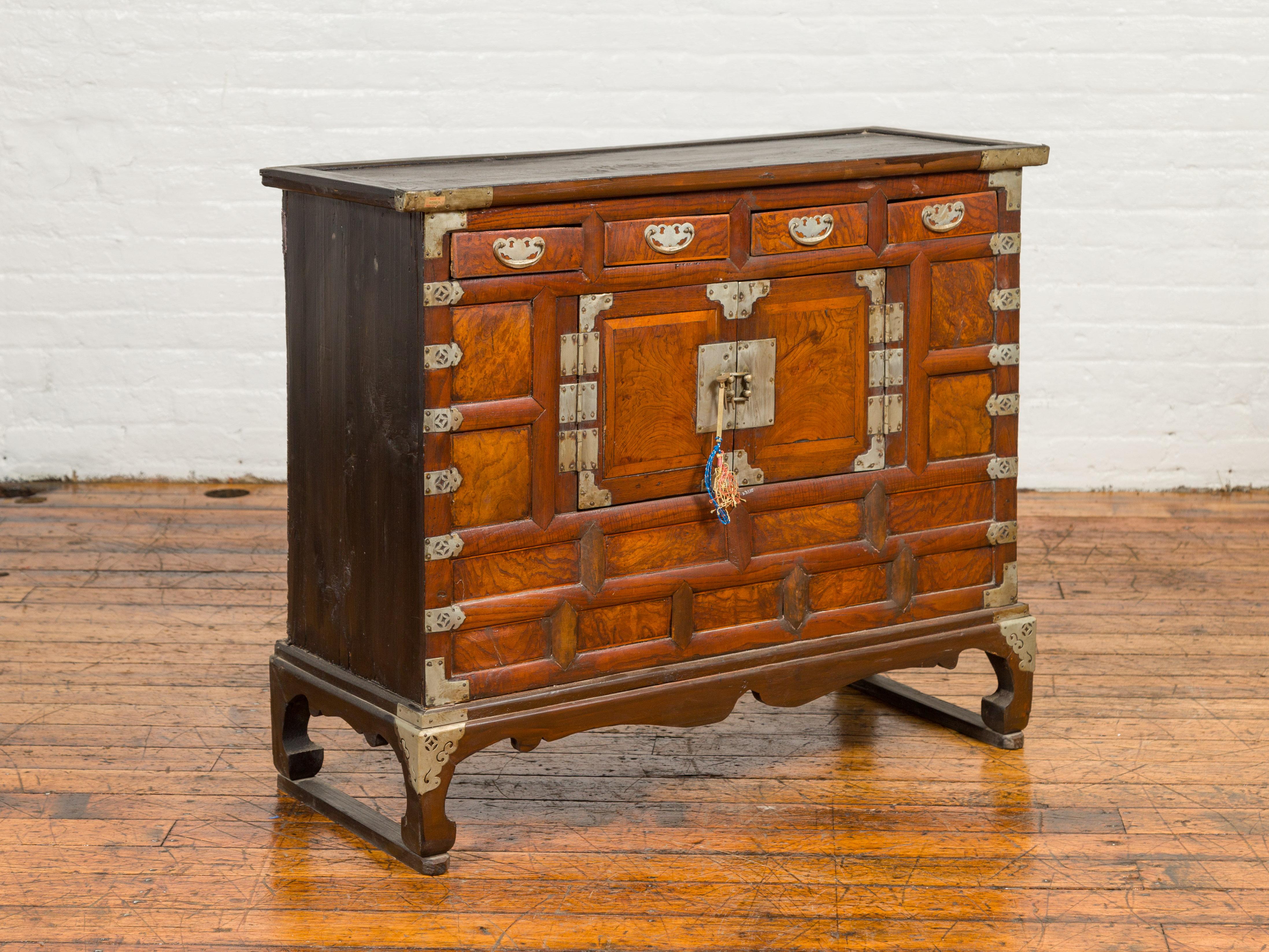 Korean 19th Century Two-Toned Wooden Side Chest with White Metal Hardware In Good Condition In Yonkers, NY