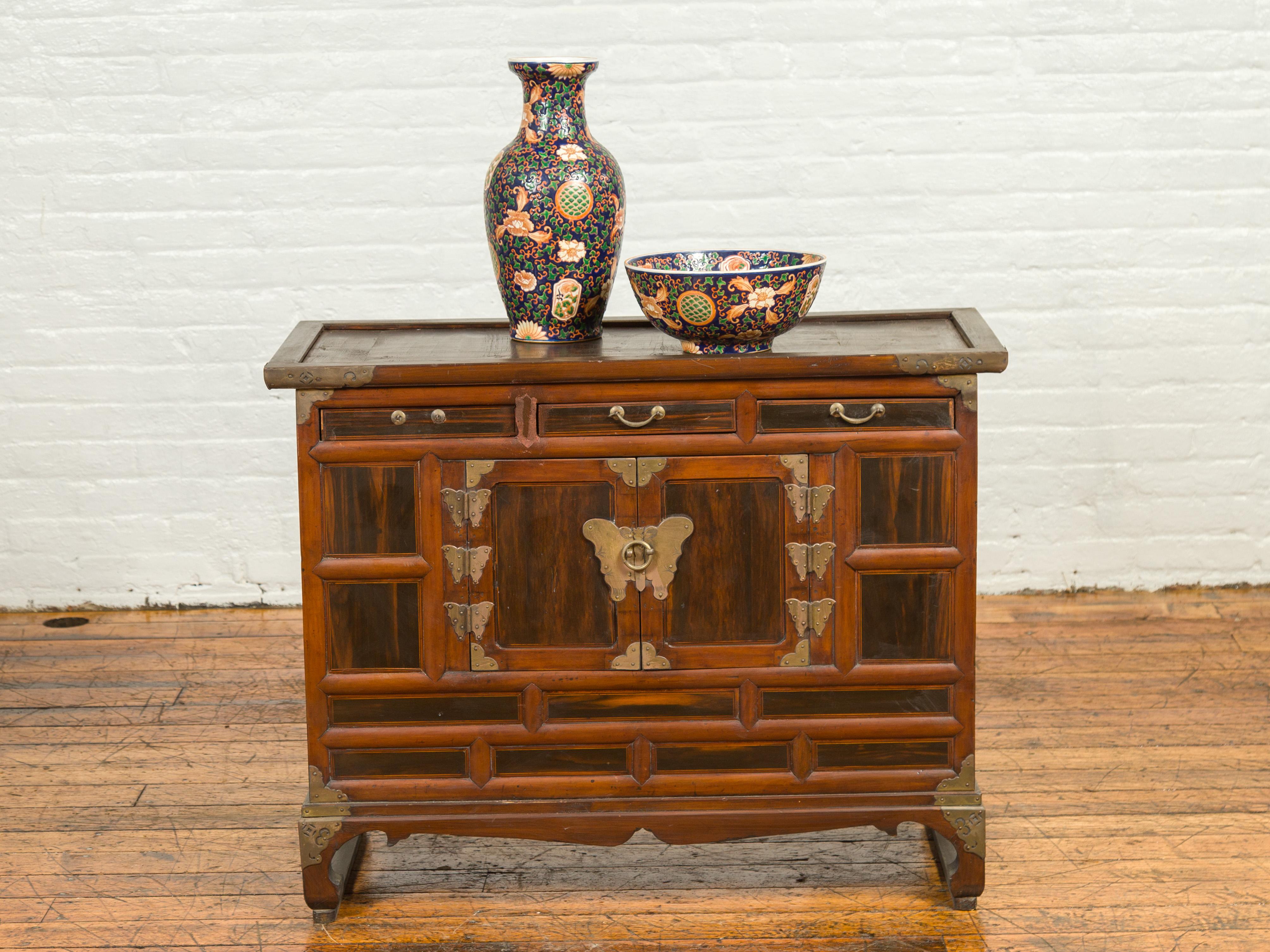 Brass Korean 19th Century Wooden Cabinet with Drawers, Doors and Butterfly Hardware