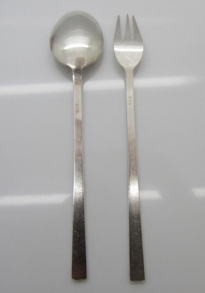Korean 800 silver spoon and fork set includes 1 spoon and 1 fork with a blue and red enamel design on the handles. Marked 80% 