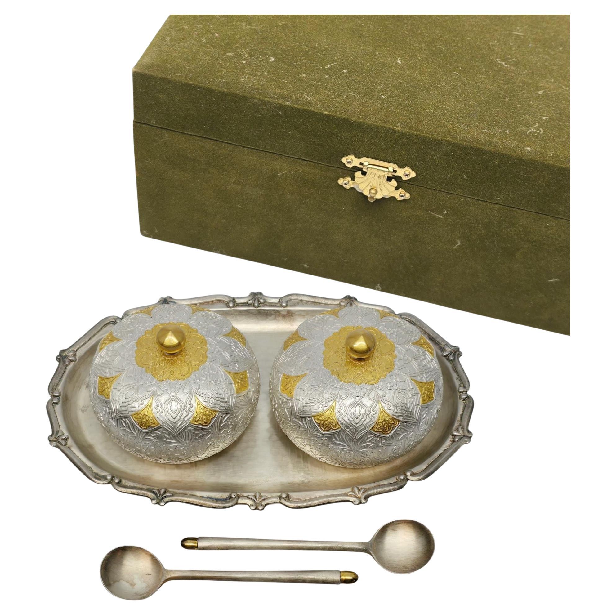 Set di ciotole per condimento in argento fine e dorato al 99% con scatola #20964 in vendita