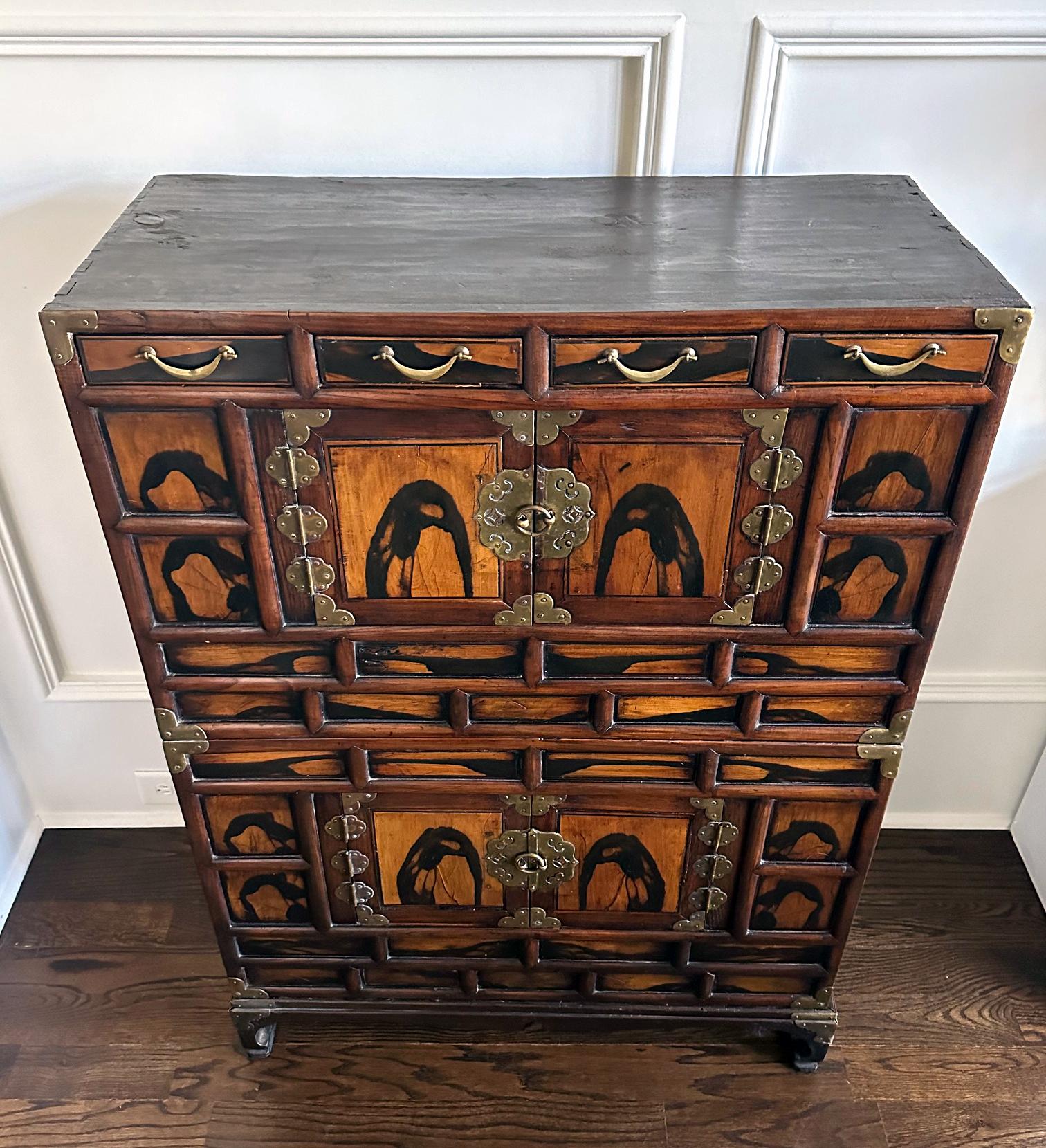 Korean Antique Wood Stacking Nong Cabinets  In Fair Condition For Sale In Atlanta, GA