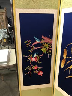 Korean Asian Large 8-Panel Silk Embroidered Byobu Bird Butterfly Screen, 1900s