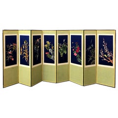 Korean Asian Large 8-Panel Silk Embroidered Byobu Bird Butterfly Screen, 1900s