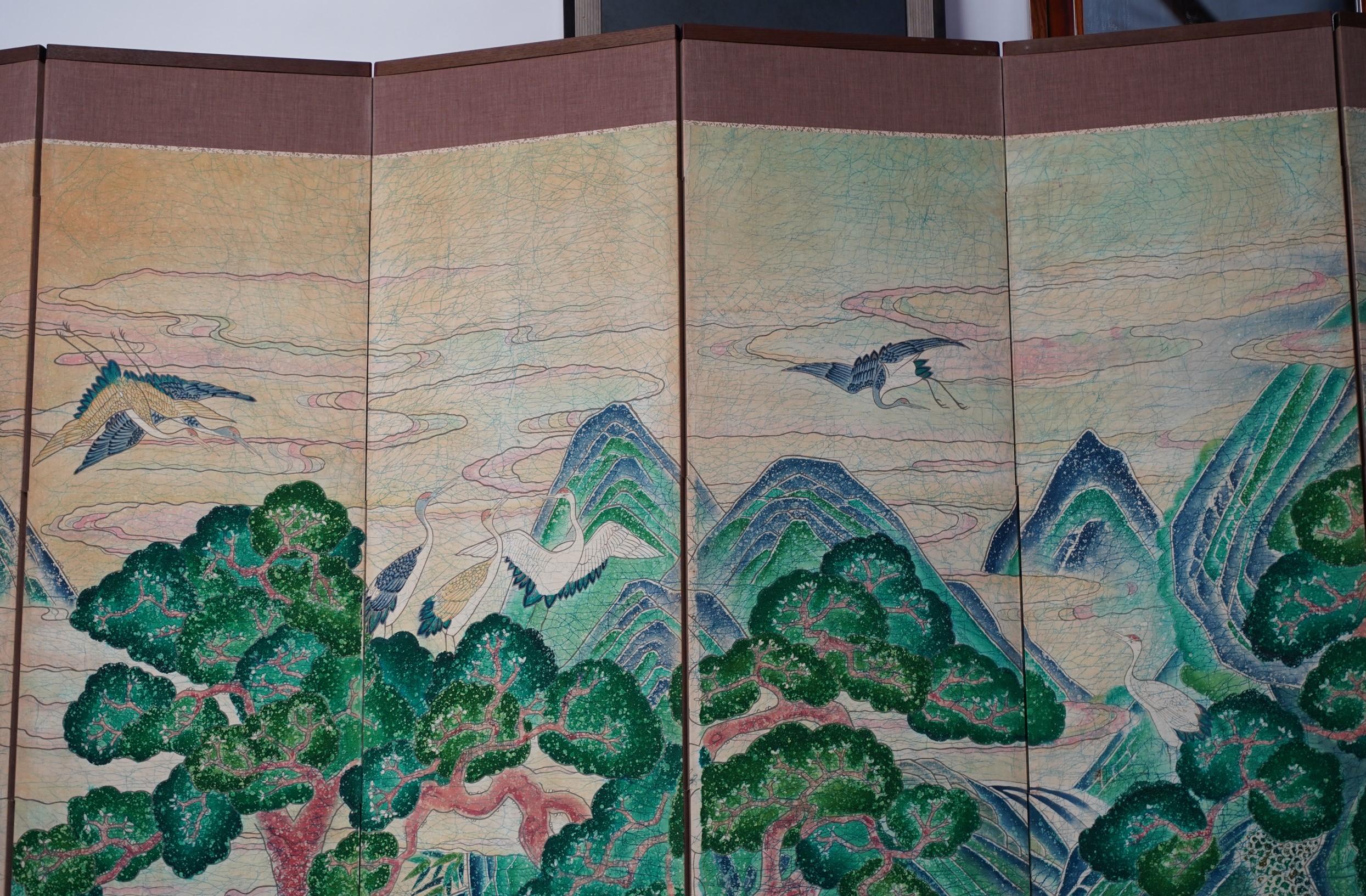 Hand-Painted Korean Asian Large Long Life Byobu Byeongpung Shipjangsaengdo Ten Panel Screen For Sale