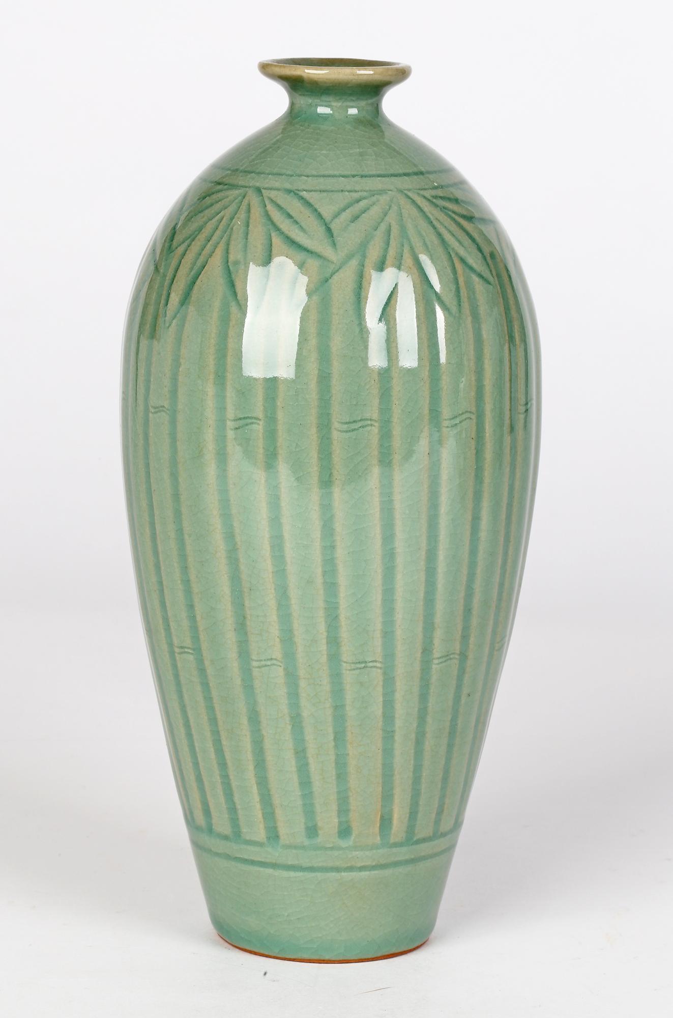 Korean Attributed Green Celadon Glazed Bamboo Design Signed Porcelain Vase 4