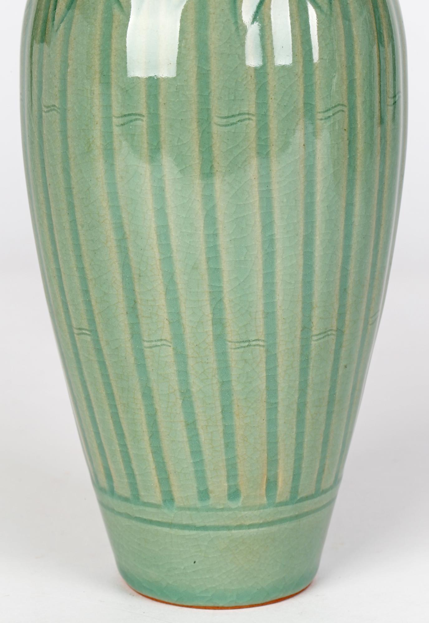 Korean Attributed Green Celadon Glazed Bamboo Design Signed Porcelain Vase 9