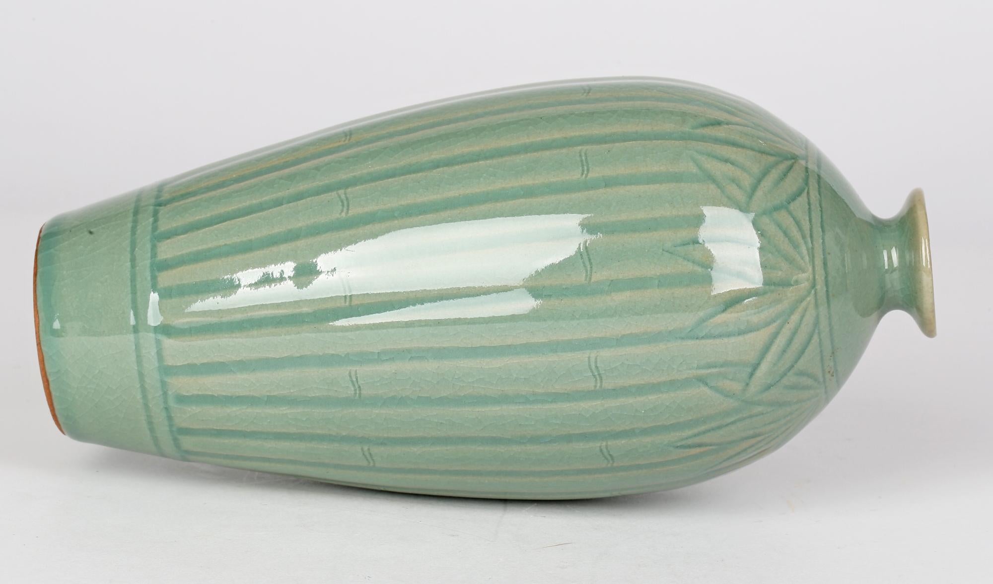 Korean Attributed Green Celadon Glazed Bamboo Design Signed Porcelain Vase In Good Condition In Bishop's Stortford, Hertfordshire