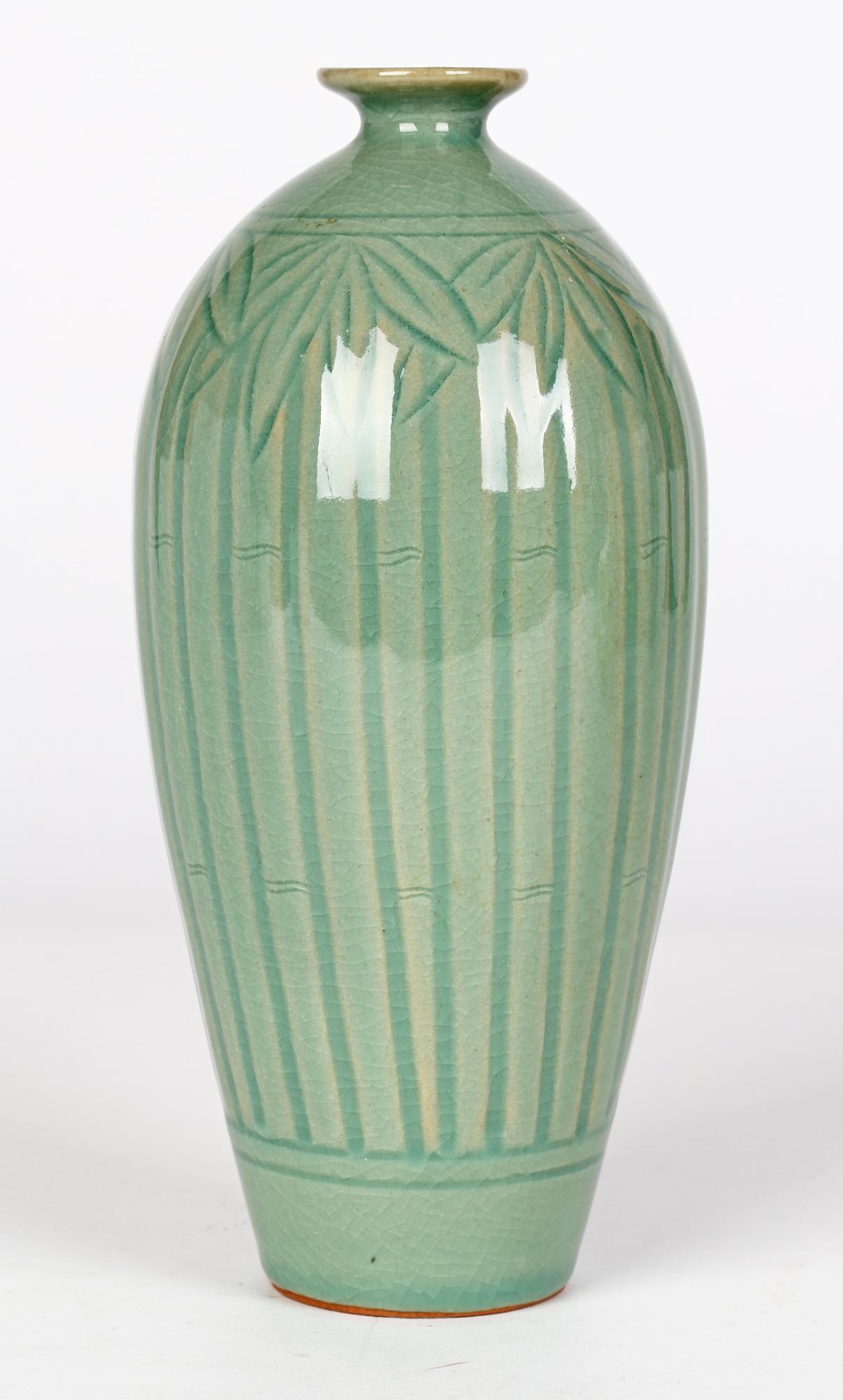 20th Century Korean Attributed Green Celadon Glazed Bamboo Design Signed Porcelain Vase