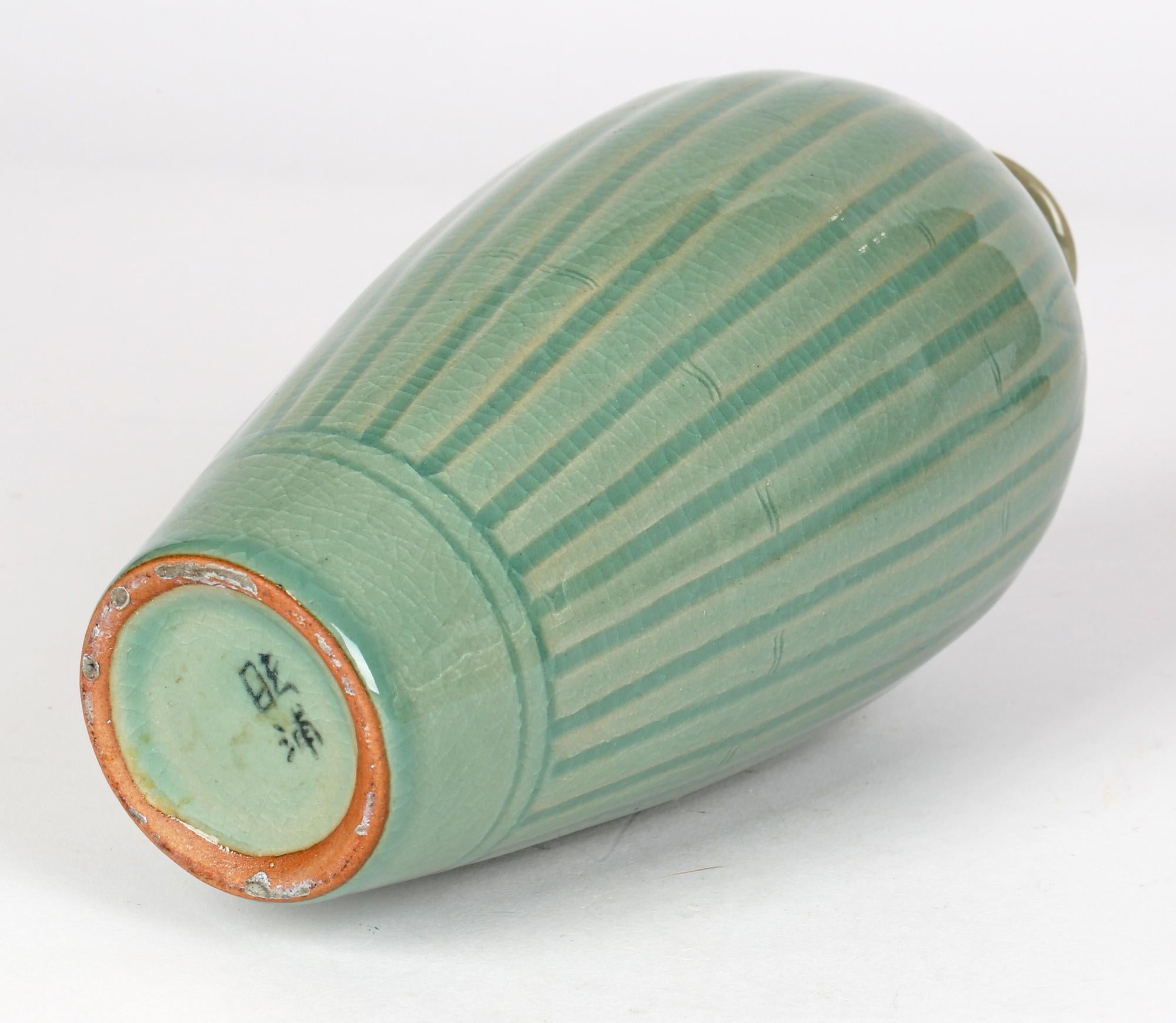 Korean Attributed Green Celadon Glazed Bamboo Design Signed Porcelain Vase 1