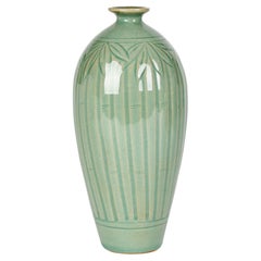 Korean Attributed Green Celadon Glazed Bamboo Design Signed Porcelain Vase