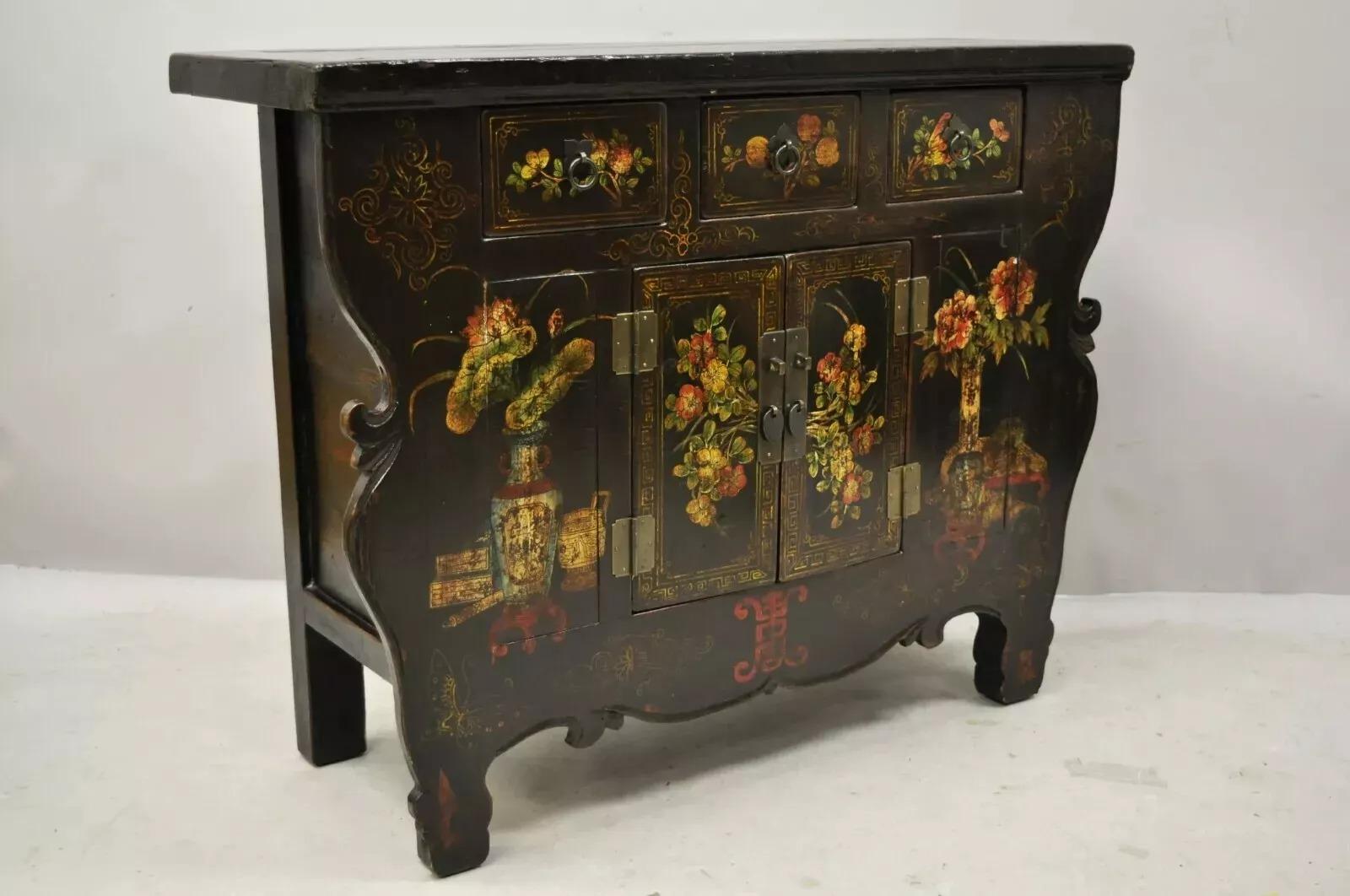 Korean Black Hand Painted Altar Style Sideboard Cabinet Console Table Credenza For Sale 4