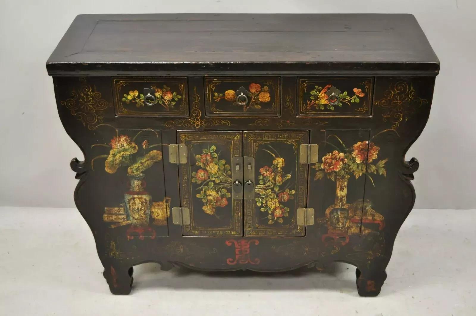Korean Black Hand Painted Altar Style Sideboard Cabinet Console Table Credenza. Item features hand painted details, solid wood construction, beautiful wood grain, distressed finish, 2 swing doors, 3 drawers, very nice item. Circa Late 20th Century.