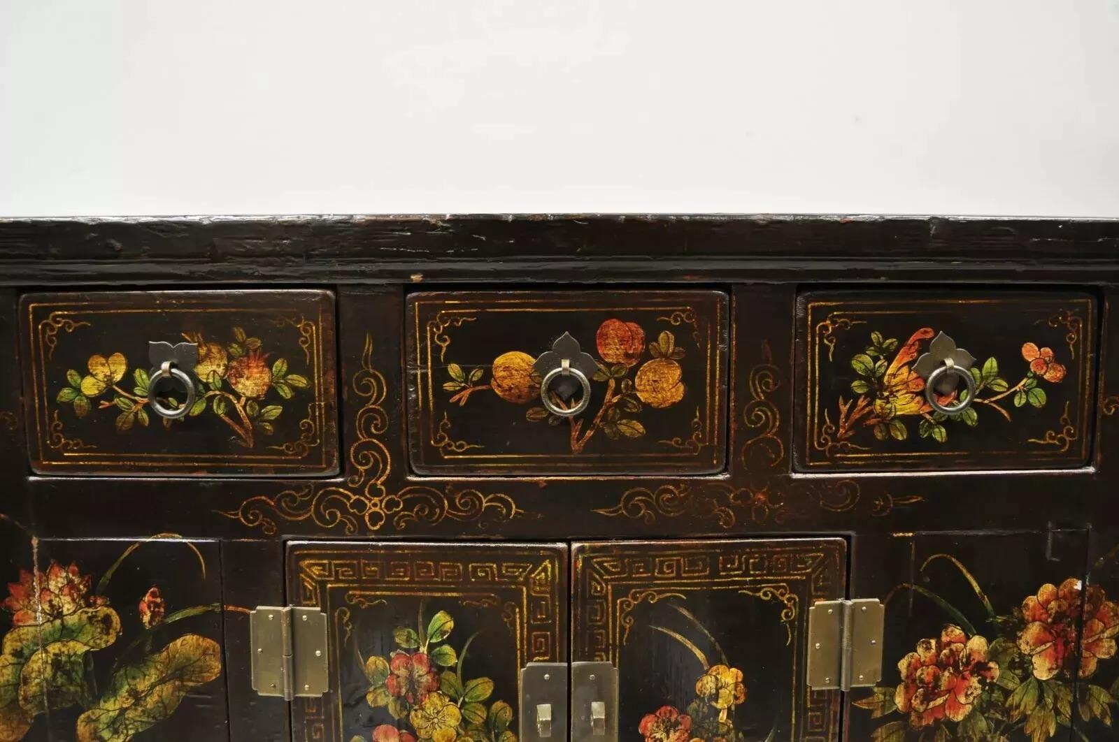 Chinoiserie Korean Black Hand Painted Altar Style Sideboard Cabinet Console Table Credenza For Sale
