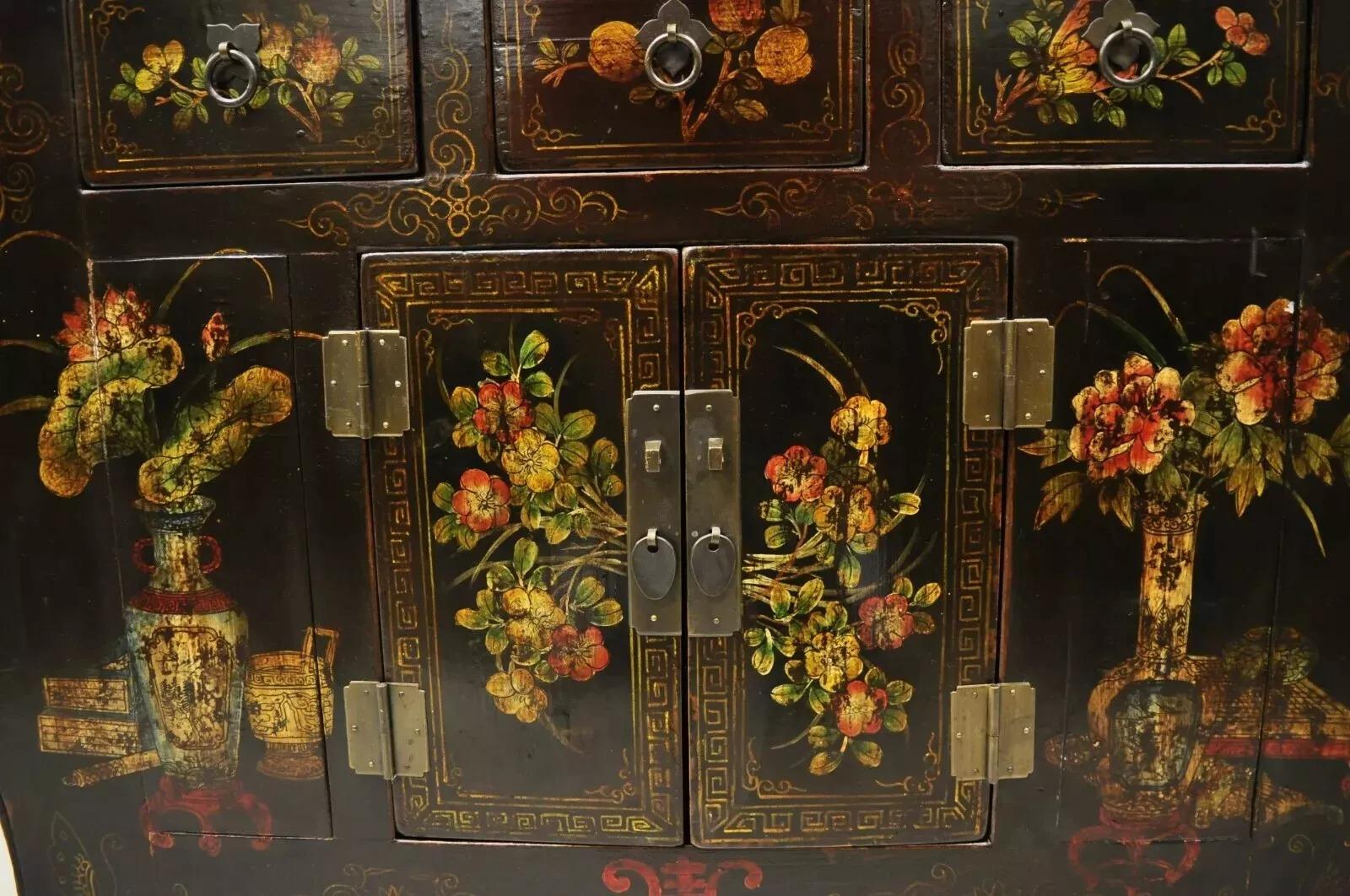 Unknown Korean Black Hand Painted Altar Style Sideboard Cabinet Console Table Credenza For Sale