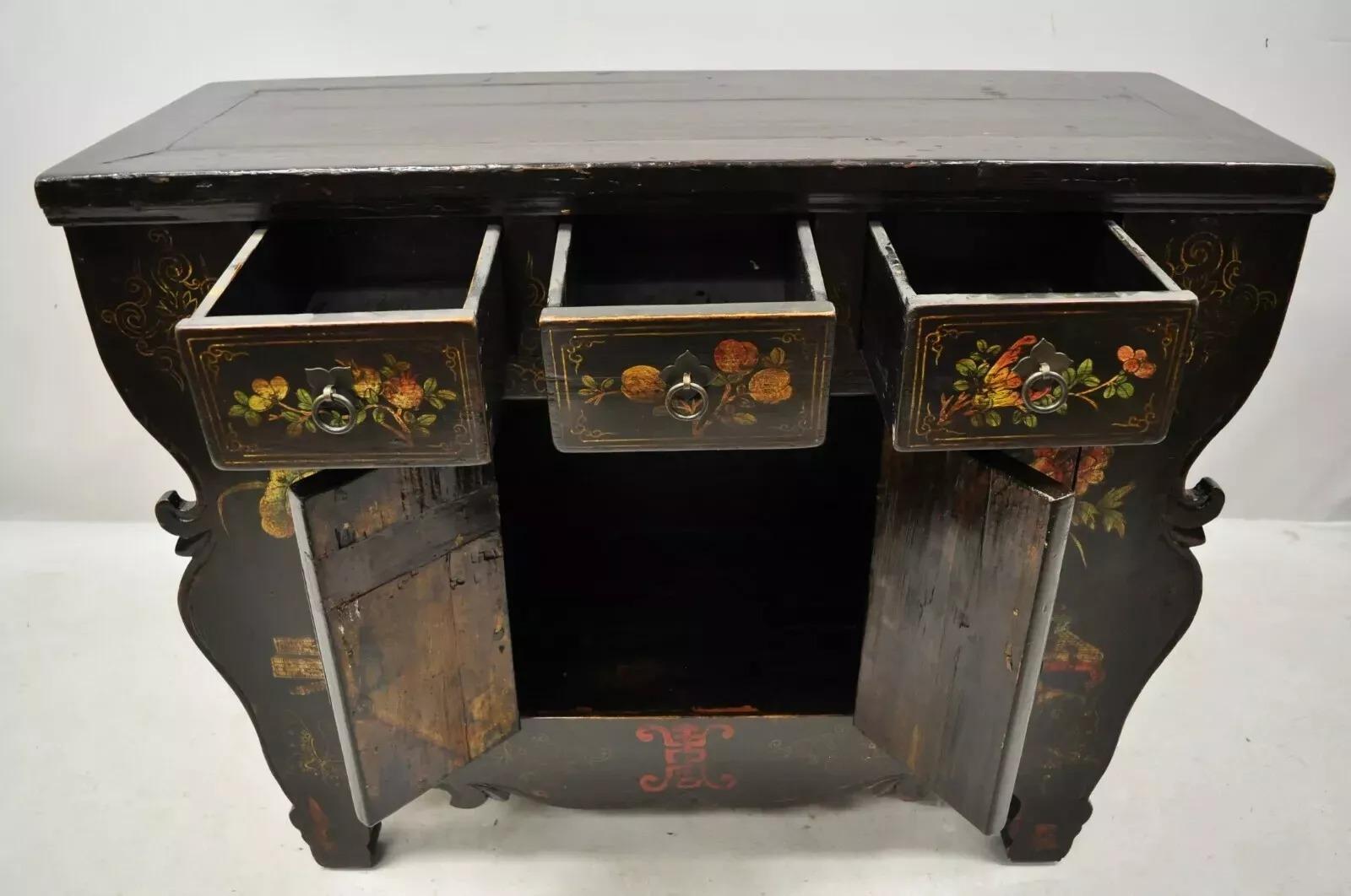 20th Century Korean Black Hand Painted Altar Style Sideboard Cabinet Console Table Credenza For Sale