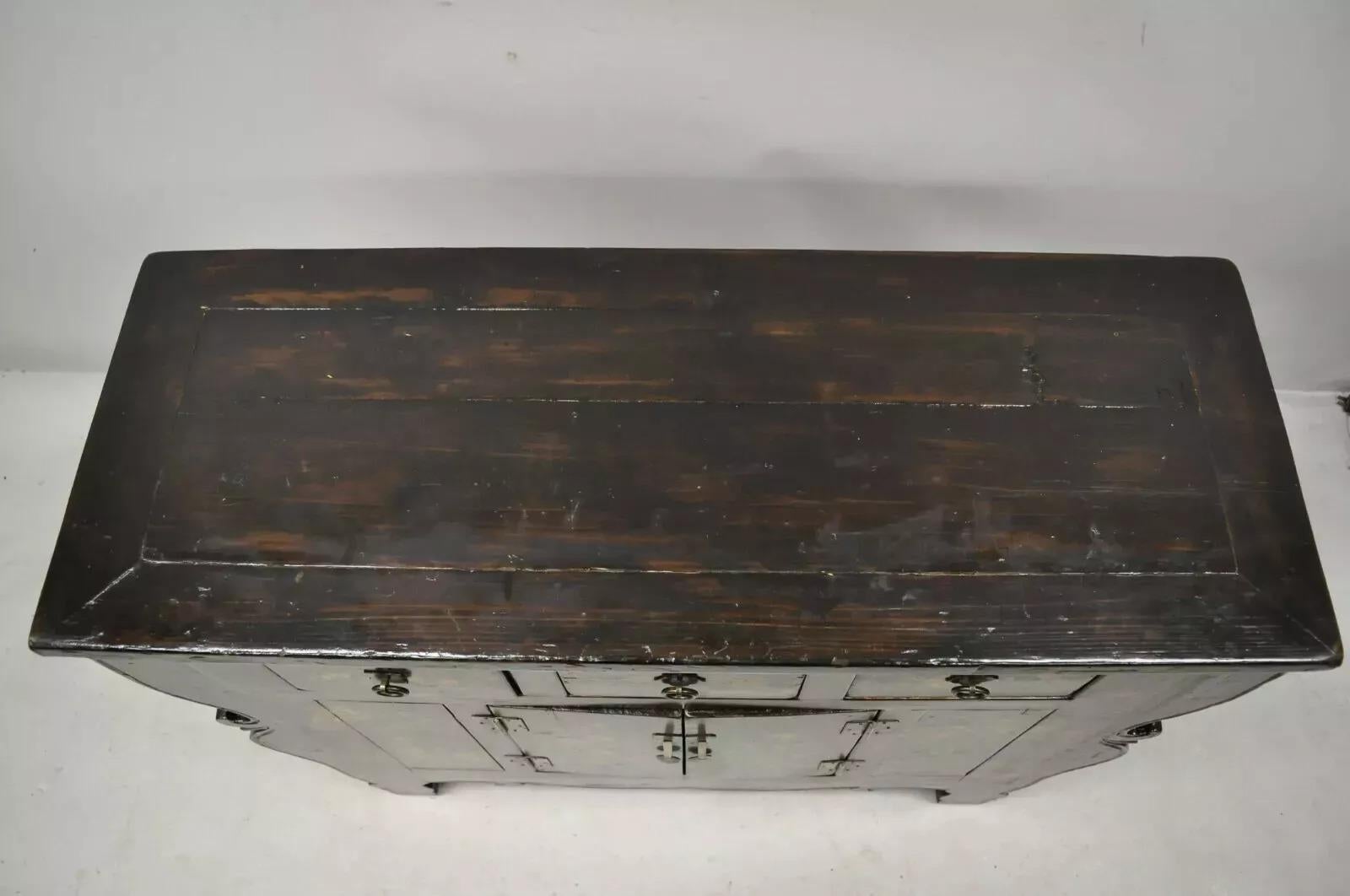 Wood Korean Black Hand Painted Altar Style Sideboard Cabinet Console Table Credenza For Sale