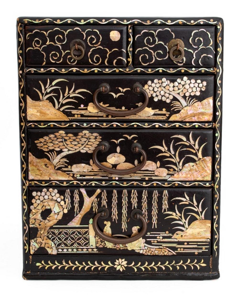 Cassettiera coreana in miniatura laccata nera, con due cassetti corti sopra tre cassetti a fregio graduato e intarsio di paesaggi in madreperla. 10,75