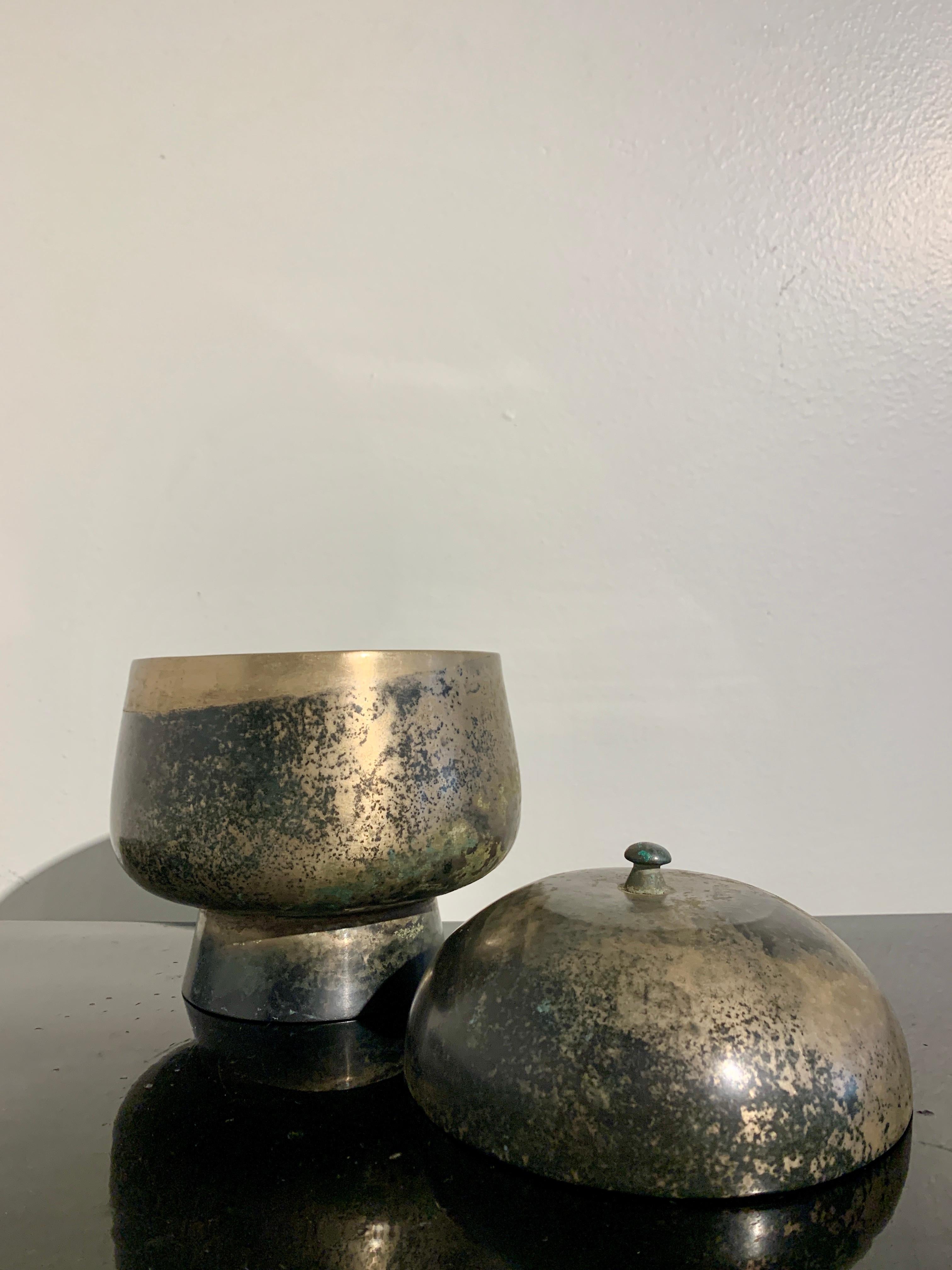 Korean Bronze or Brass Covered Bowl, Late Goryeo, 12th-13th Century, Korea In Fair Condition In Austin, TX