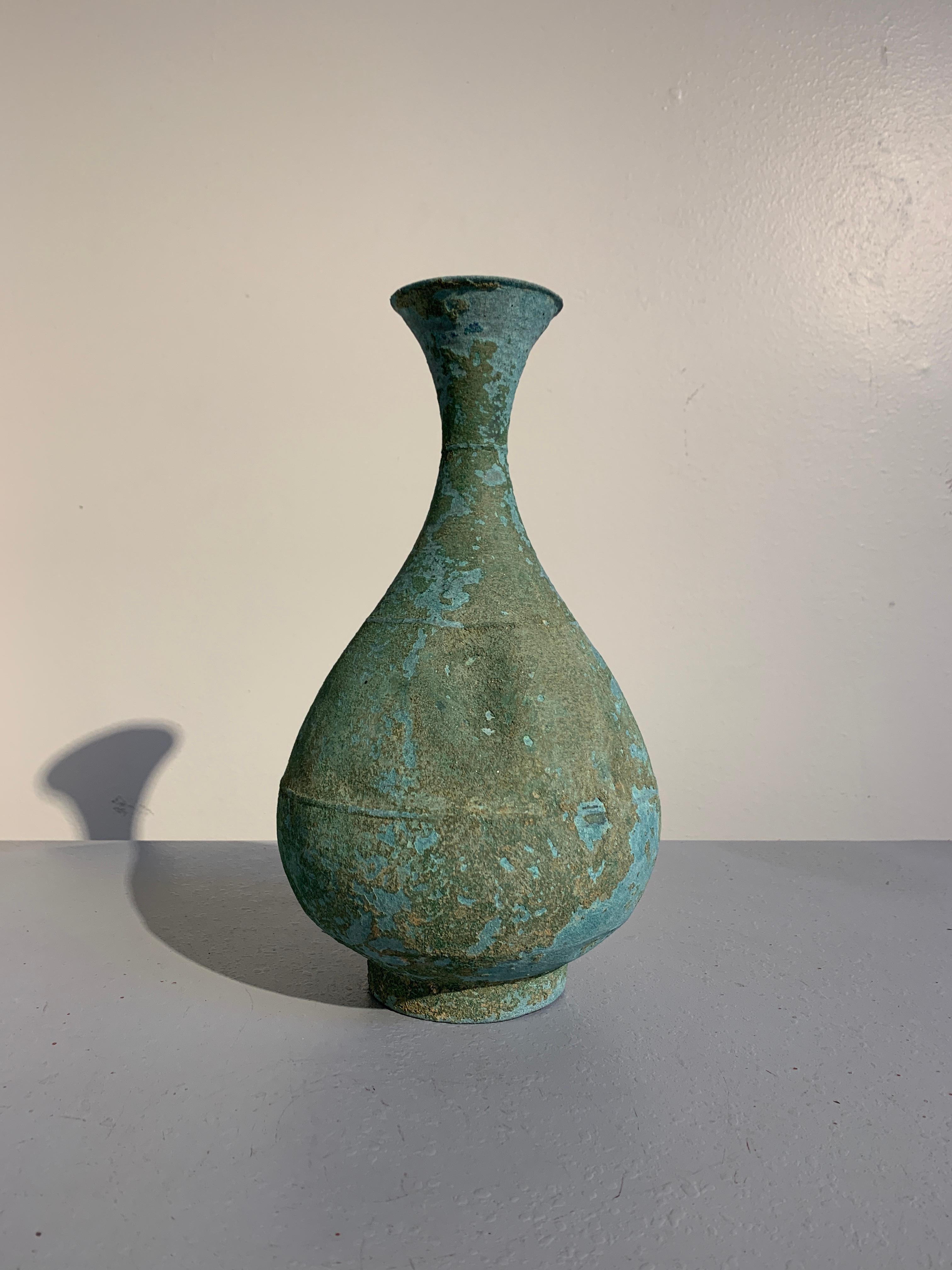 Cast Korean Bronze Vase with Blue Green Patina, Goryeo Dynasty, 13th Century