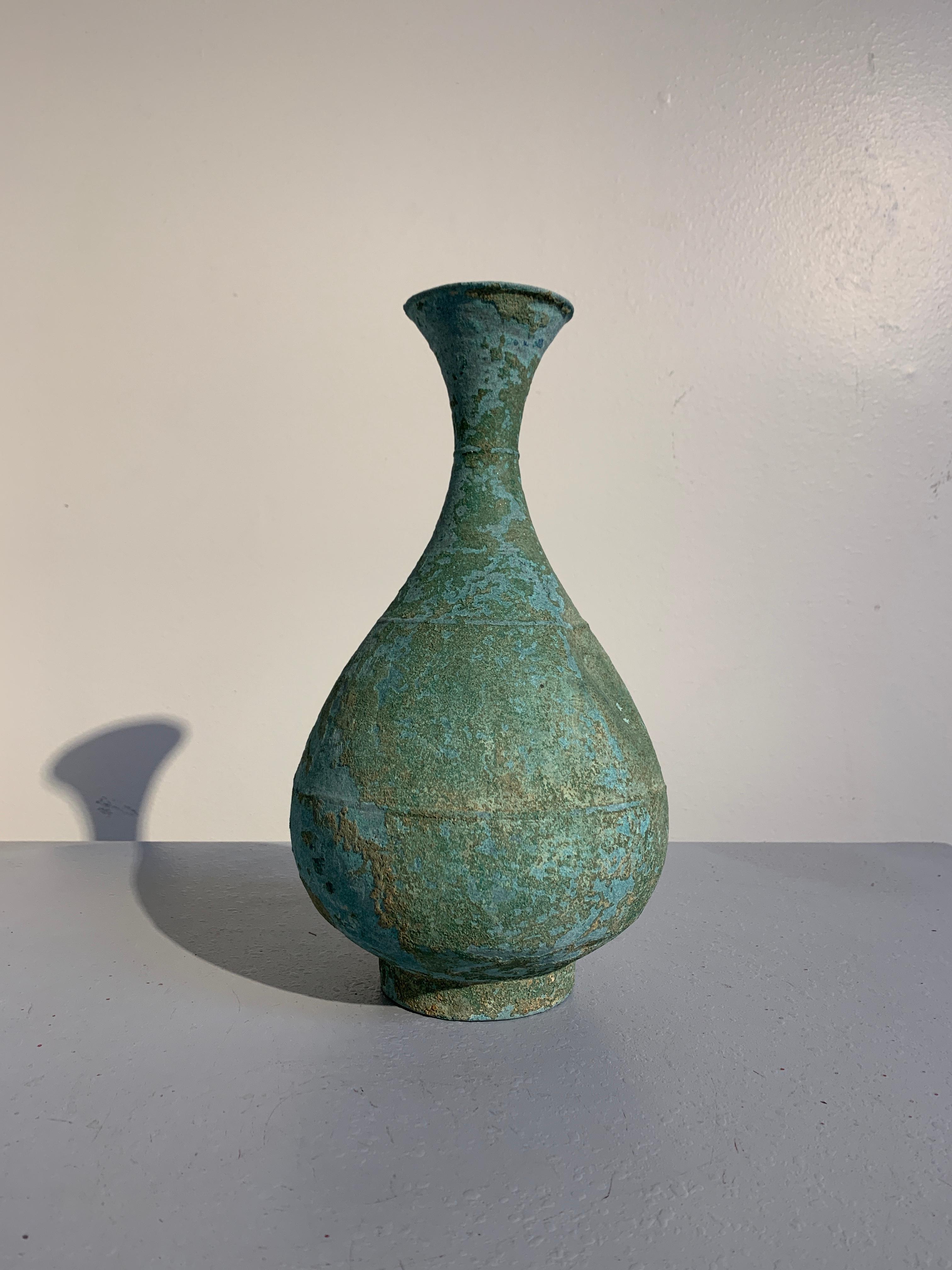 Korean Bronze Vase with Blue Green Patina, Goryeo Dynasty, 13th Century In Good Condition In Austin, TX